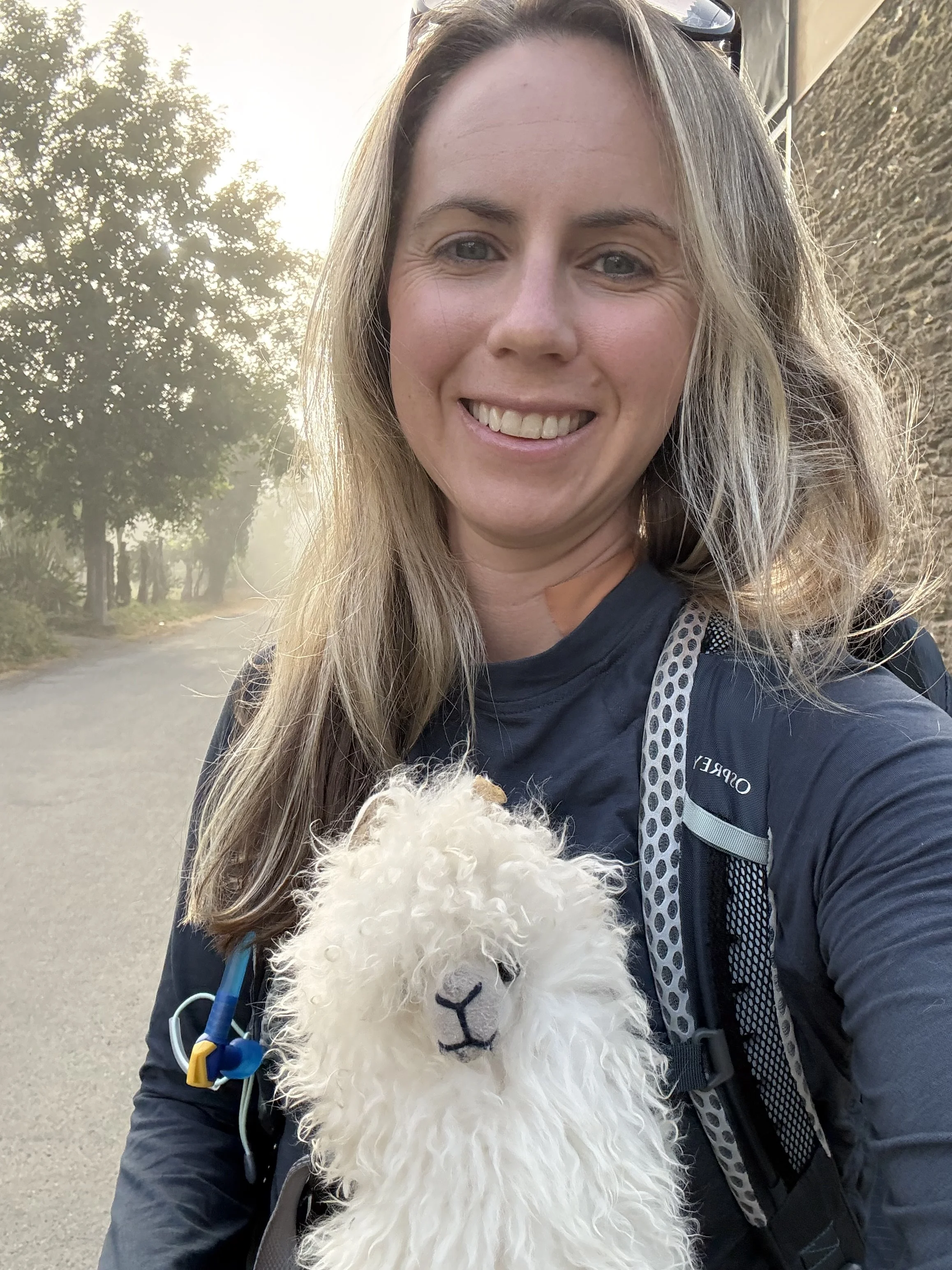 A smiling woman with long blond hair taking a selfie outdoors with a plush llama toy. The woman is wearing a dark jacket and has sunglasses on her head, and is carrying a backpack. The background shows trees and a cloudy sky.