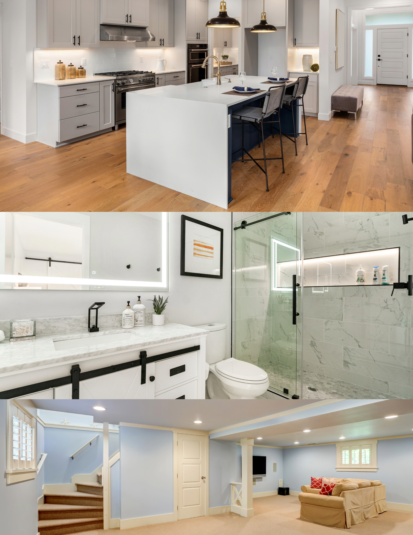 Licensed general contractor showcasing recent home remodeling projects. A custom kitchen area, a luxurious smaller bathroom, and a spacious basement area.