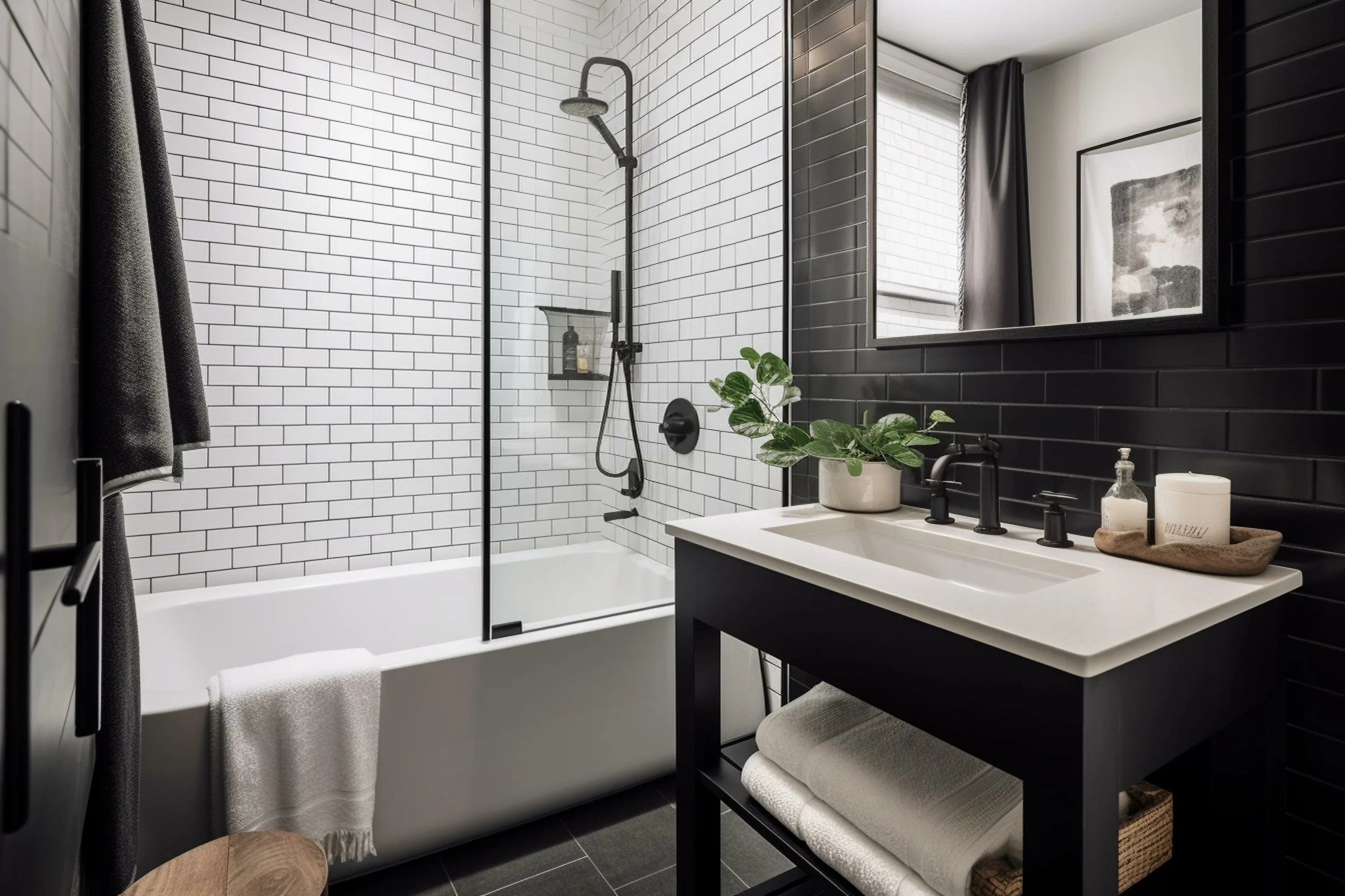 Modern bathroom with white subway tile shower area, black fixtures, black framing, a mirror, a black vanity with a white countertop, a potted plant, and towels.