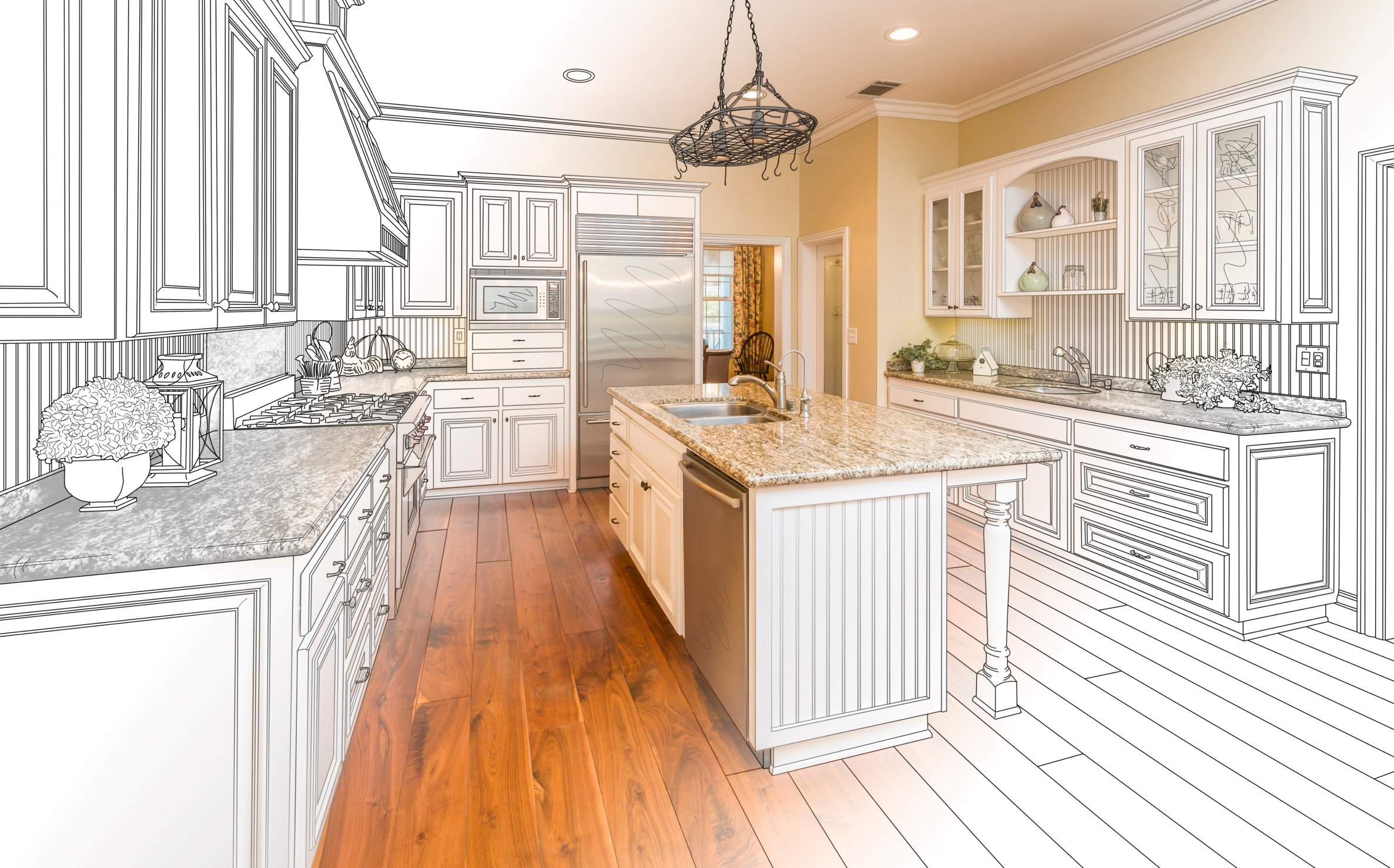 Kitchen with white cabinetry, granite countertops, stainless steel appliances, and dark hardwood flooring, with a mix of finished and outlined areas.