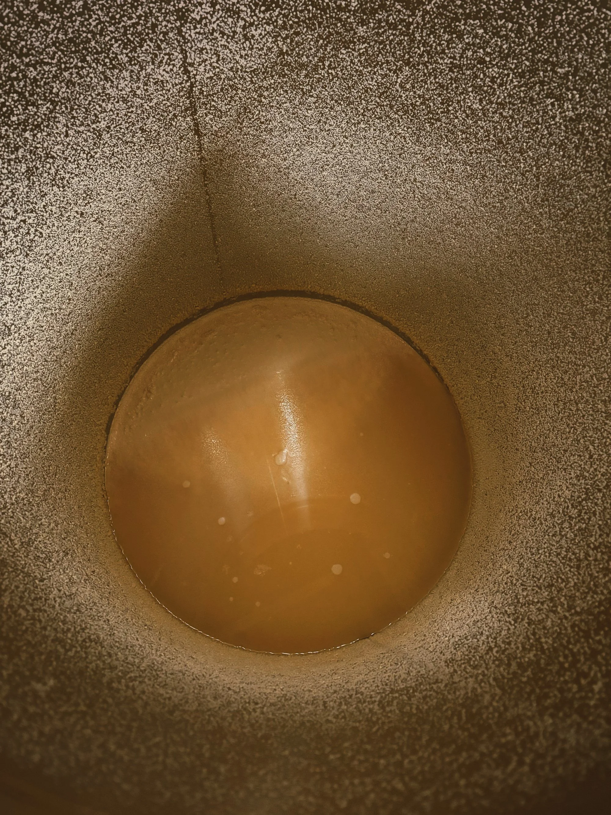 Inside view of a metallic coffee maker with brewed coffee at the bottom.