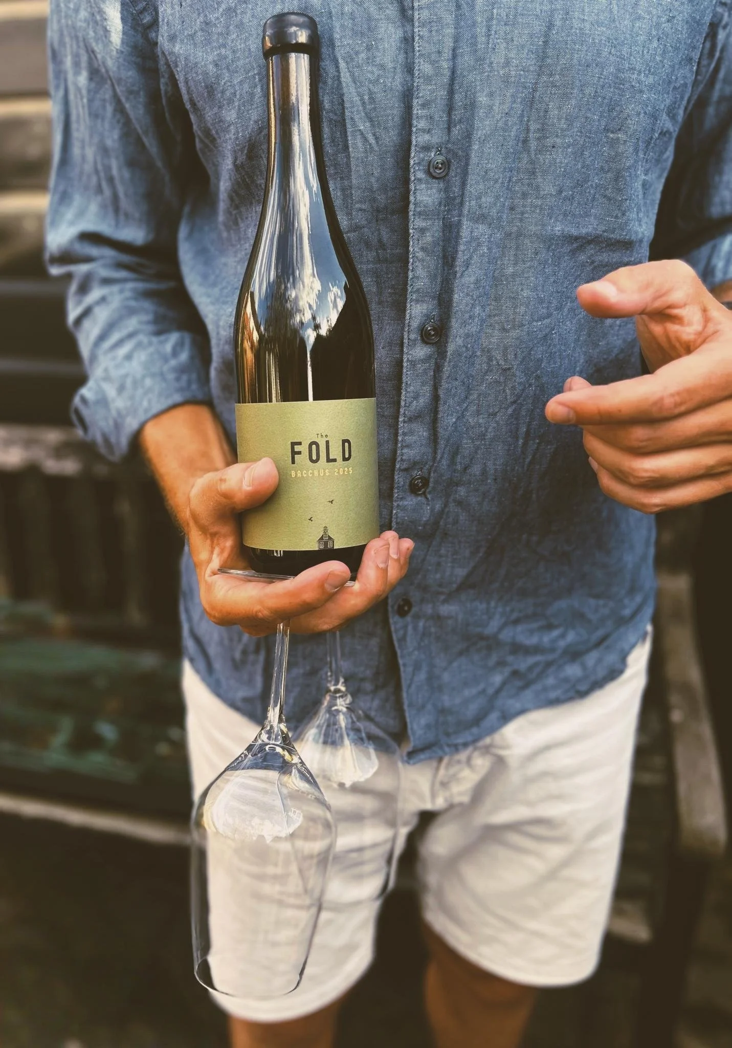 A person wearing a blue shirt and white shorts is holding a wine bottle with a green label that reads 'The Fold Bacchus 2025'. The person is also holding two empty wine glasses, which hang from their hand. The person has light skin and the background