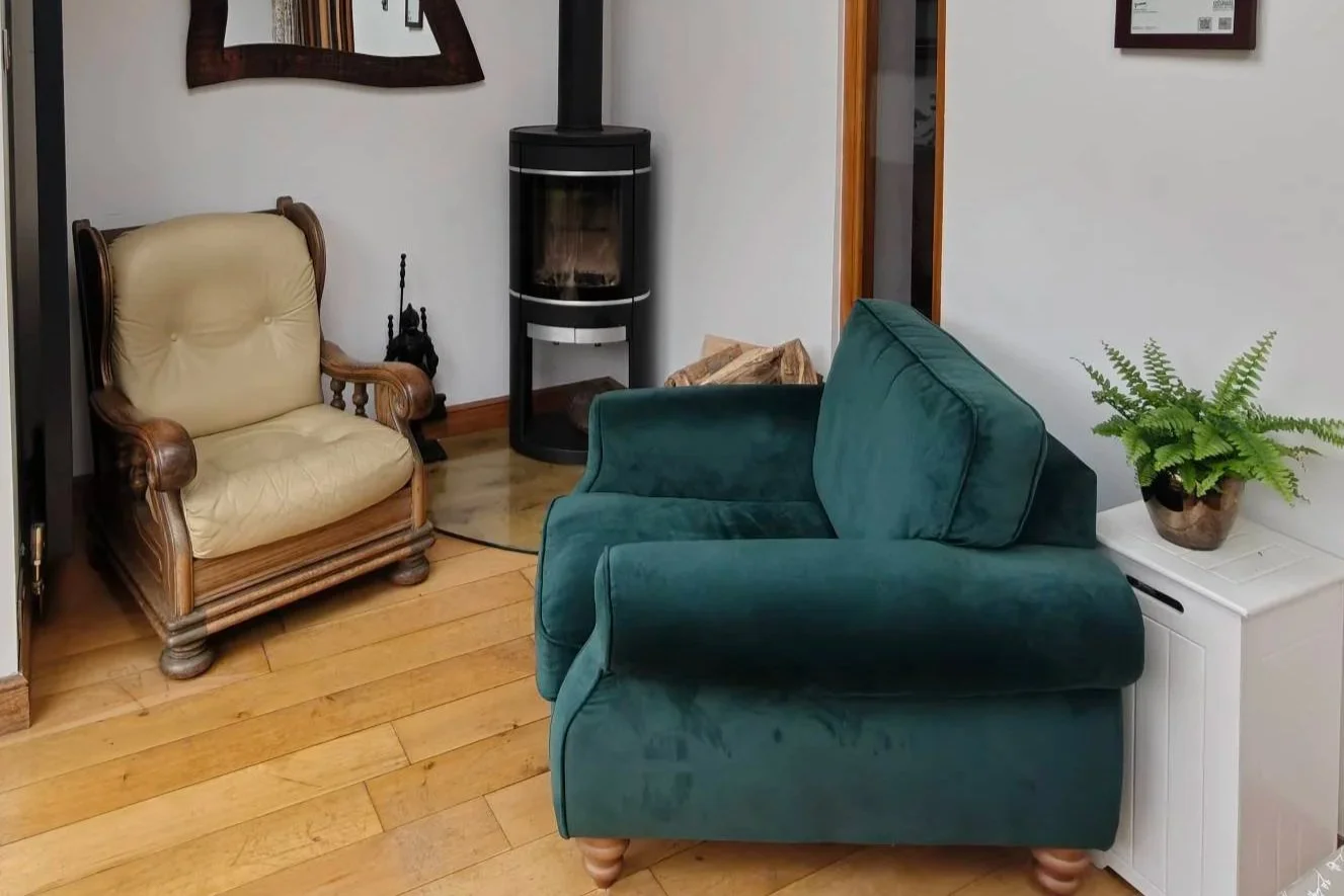 A cozy living room corner with a green upholstered armchair, a beige wooden armchair, a small black wood stove, a glass-top side table, a potted fern, and framed pictures on the wall.