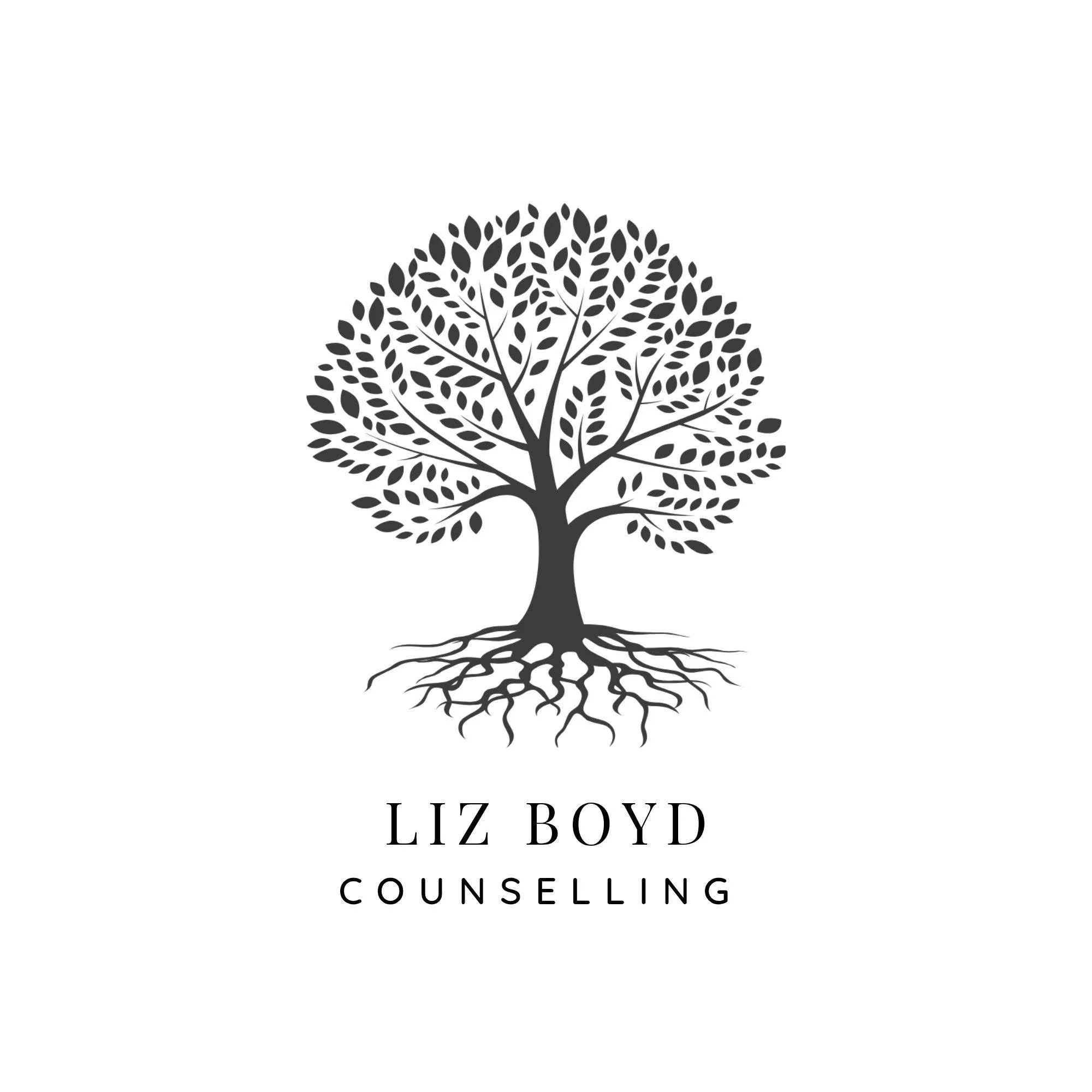 Black silhouette of a tree with many leaves and roots, with text that reads 'Liz Boyd Counselling'.
