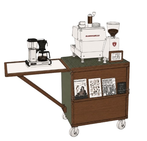 coffee cart de monti barista avec la marzocco line mini et moccamaster
