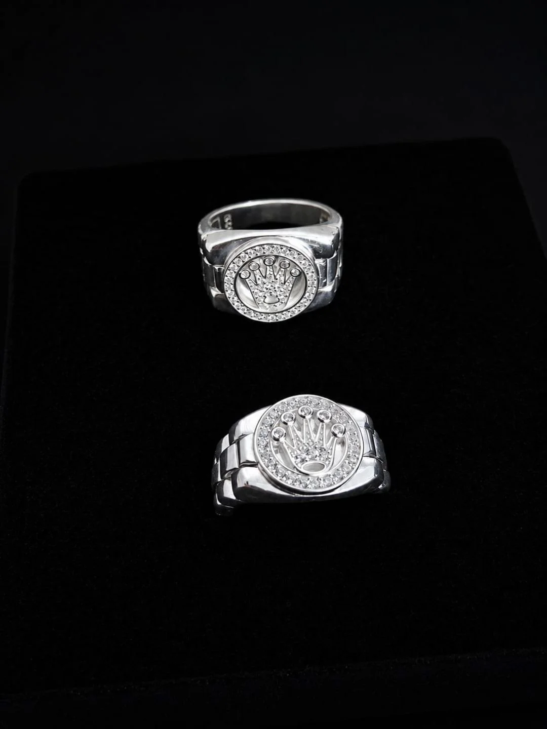 Luxury 925 Sterling Silver Rolex Crown Ring with Pave Stones