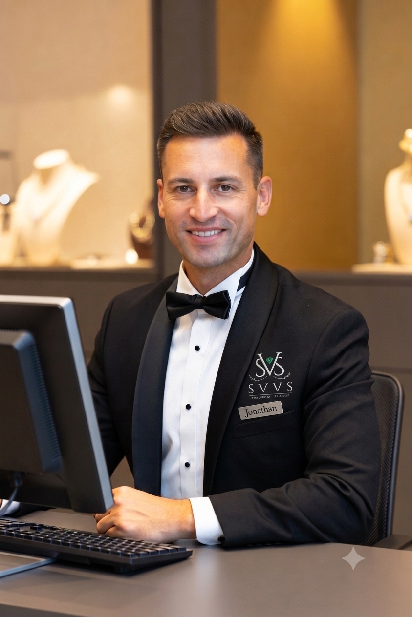 A smiling man in formal attire, wearing a tuxedo with a bow tie, sitting at a desk in a jewelry store, with jewelry displays in the background. SVVS employe, Jewelry, RIngs, Chains, NEcklaces, Silver, VVS