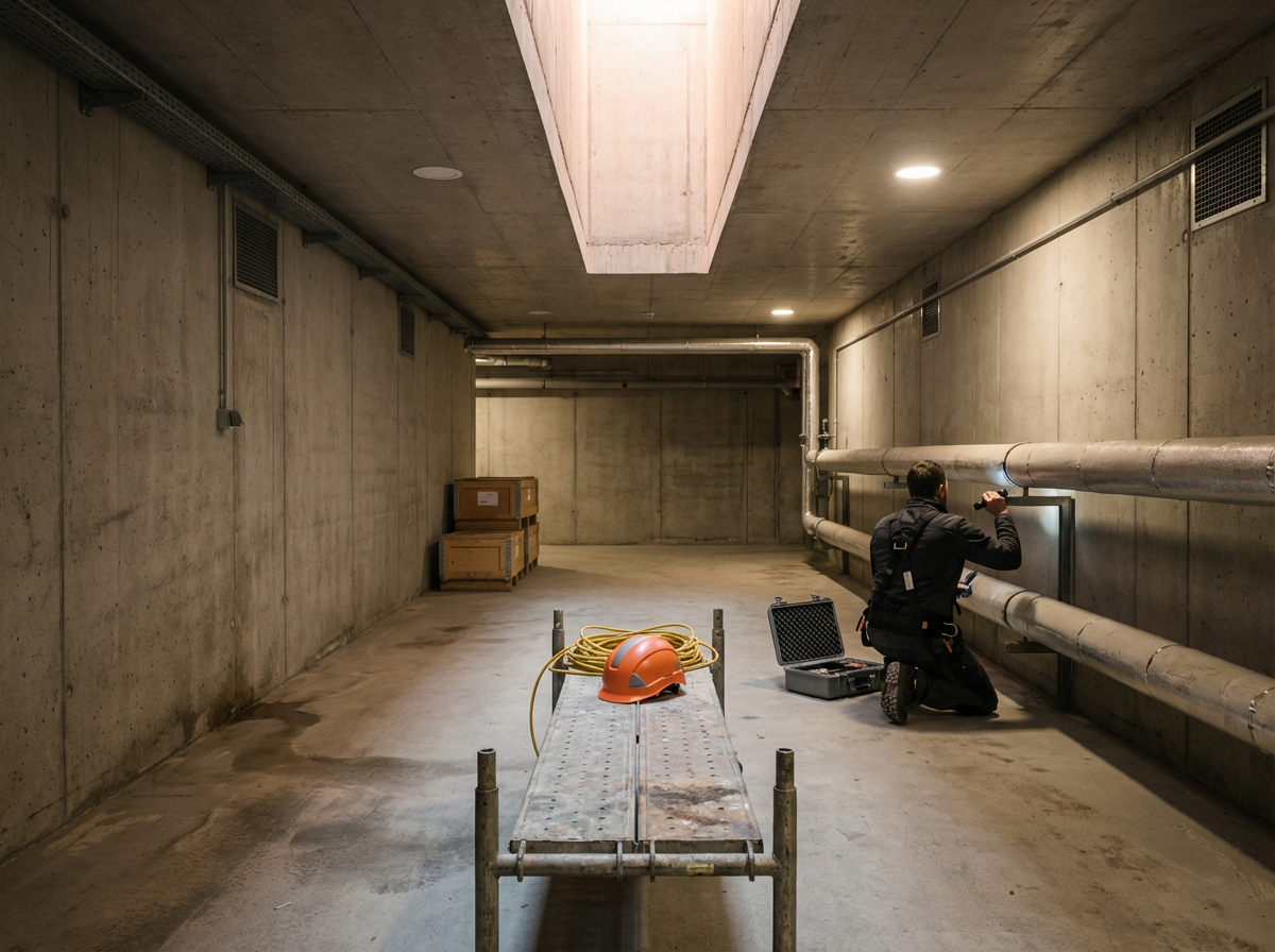 A man with a backpack kneeling and working on pipes in a concrete basement or utility room, with tools and boxes nearby.