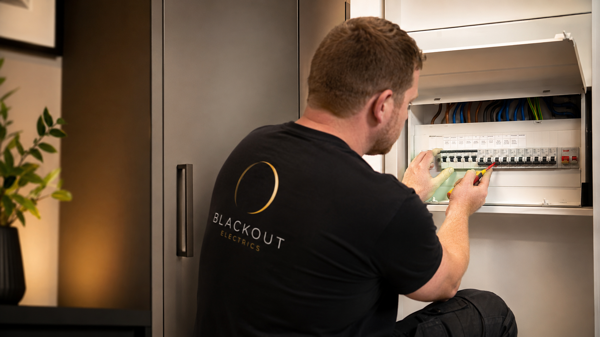 A technician working inside an electrical fuse box, wearing gloves and a black shirt with the logo 'Blackout Electricals'.