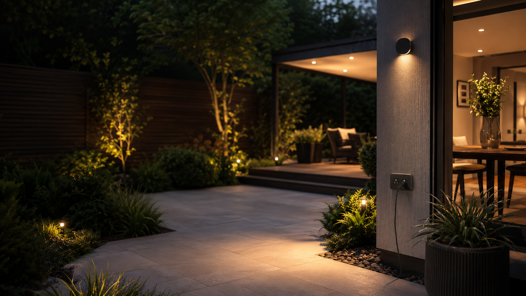 Night view of a modern backyard patio with warm outdoor lighting, plants, and a covered seating area visible through an open sliding door.