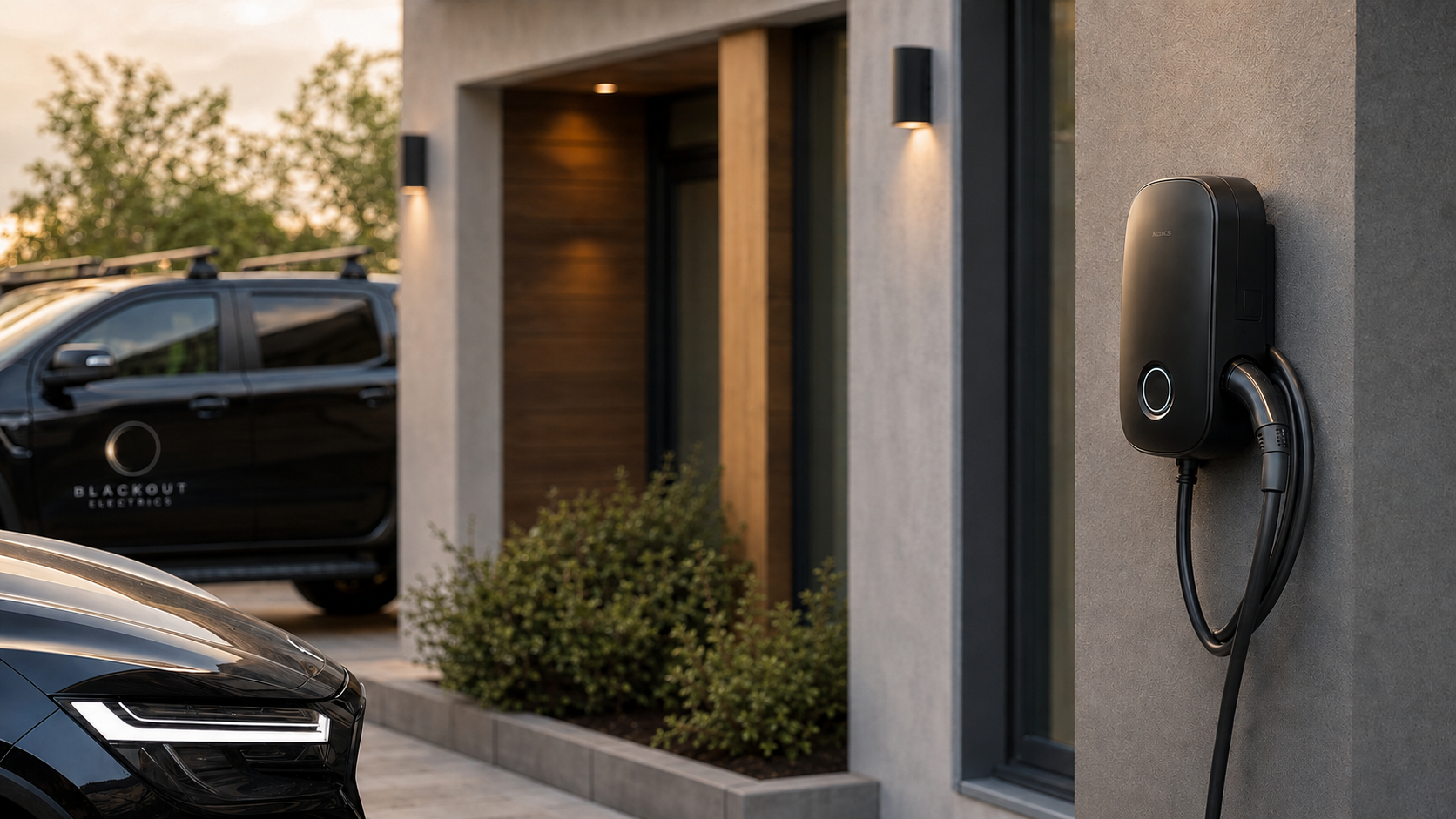 Electric vehicle charging station on a modern house exterior wall with a black car and a black pickup truck parked outside, and bushes in the background.