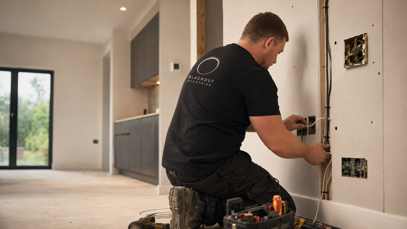 A man working on electrical wiring in a residential setting, kneeling on the floor with tools nearby, wearing a black t-shirt that says 'Blackout Electrics', in a room with beige carpeting and a kitchen area with gray cabinets.