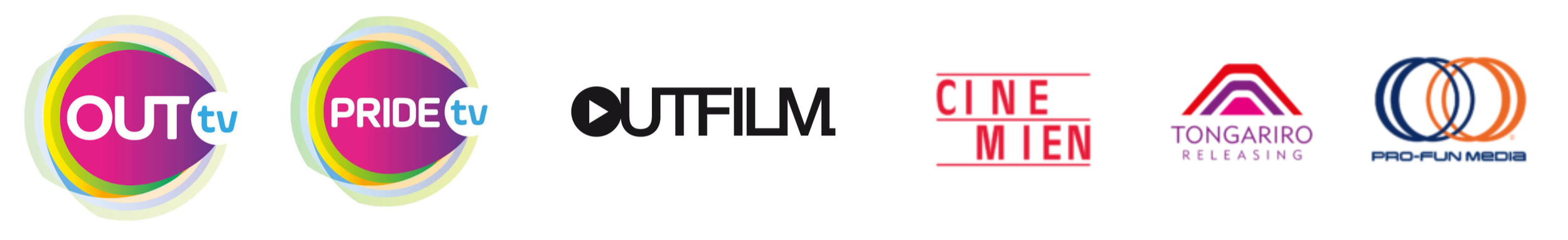 logos OUTtv, PRIDETV, OUTFILM, CINE MIEN, TONGARIRO RELEASING, and PRO-FUN MEDIA.
