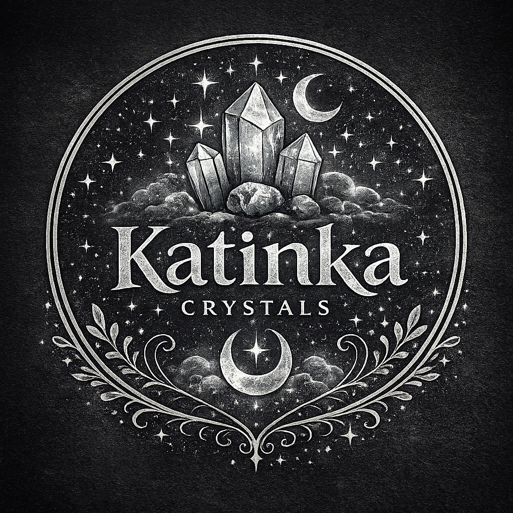 A circular design featuring crystals, stars, and crescent moons, with the text 'Katinka Crystals' in the center.