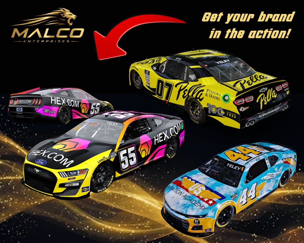Illustration of four race cars with prominent sponsor logos, including HEX.COM, Pella, and US Air Force, set against a black space-like background with gold accents, along with a Malco Enterprises logo of a lion's head and a red arrow pointing to a yellow race car.