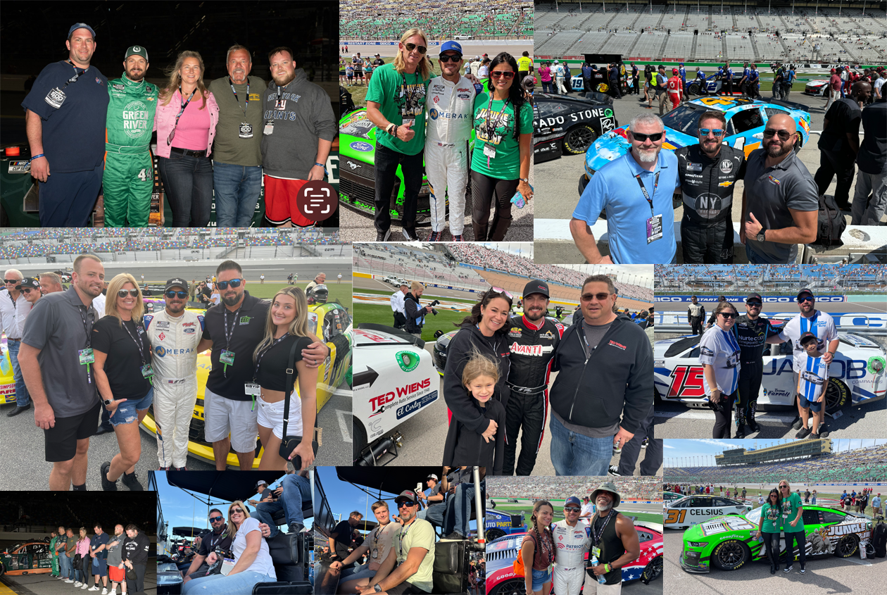 Collage of people at a race track, including race car drivers, fans, and team members, in various scenes such as on the track, in the pits, and in the grandstands.