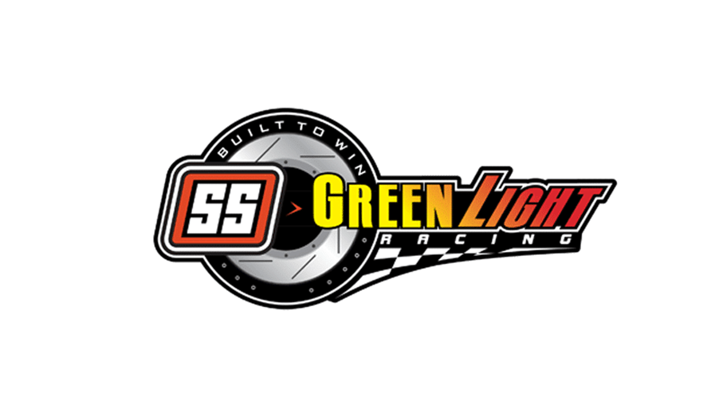 Logo for SS Green Light Racing featuring a checkered flag pattern, a stylized tire with the text 'Bilt to Win' around it, and the words 'SS Green Light Racing' in bold yellow and red letters.