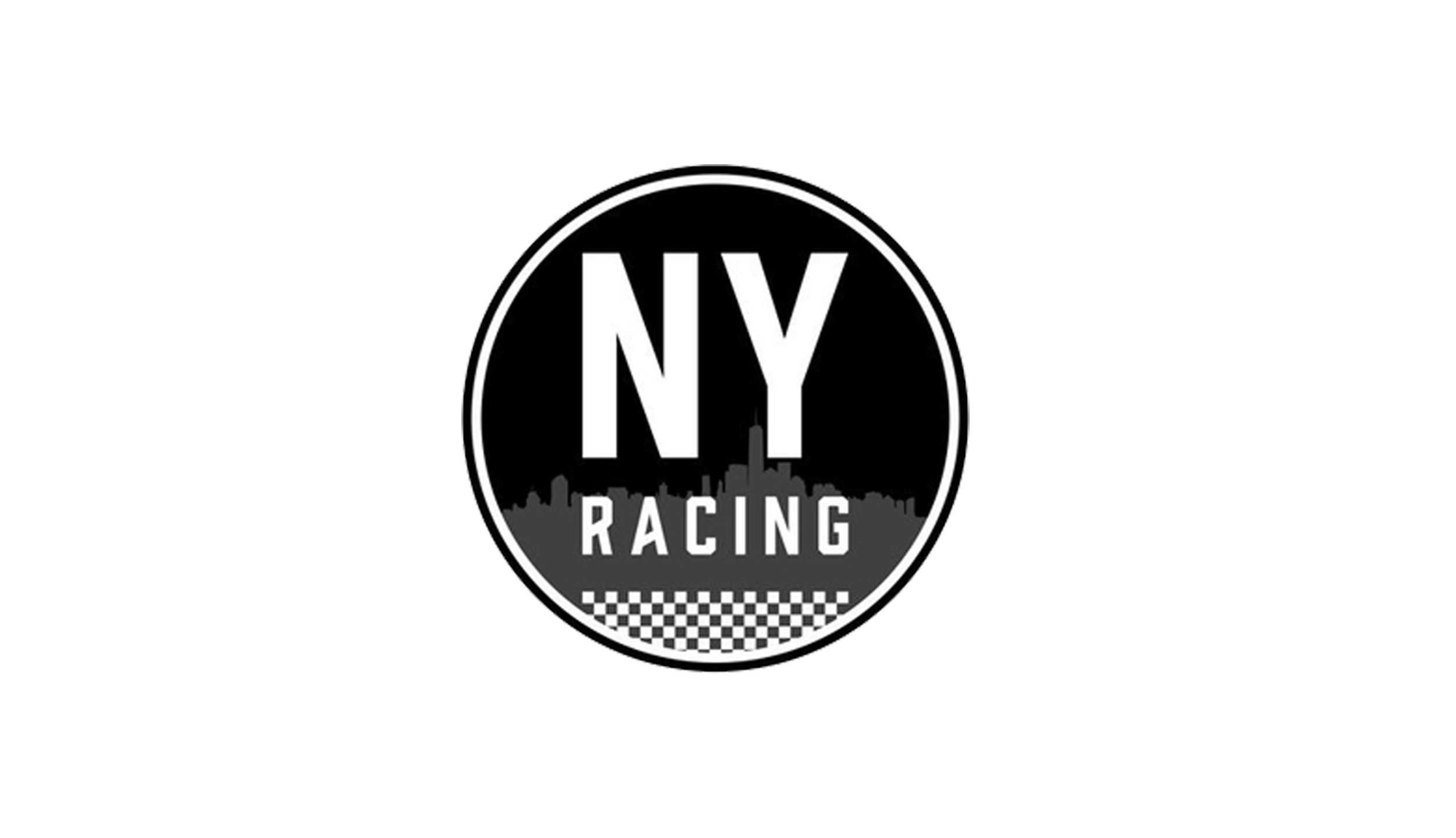Black and white logo of NY Racing with a city skyline silhouette and checkered pattern at the bottom.