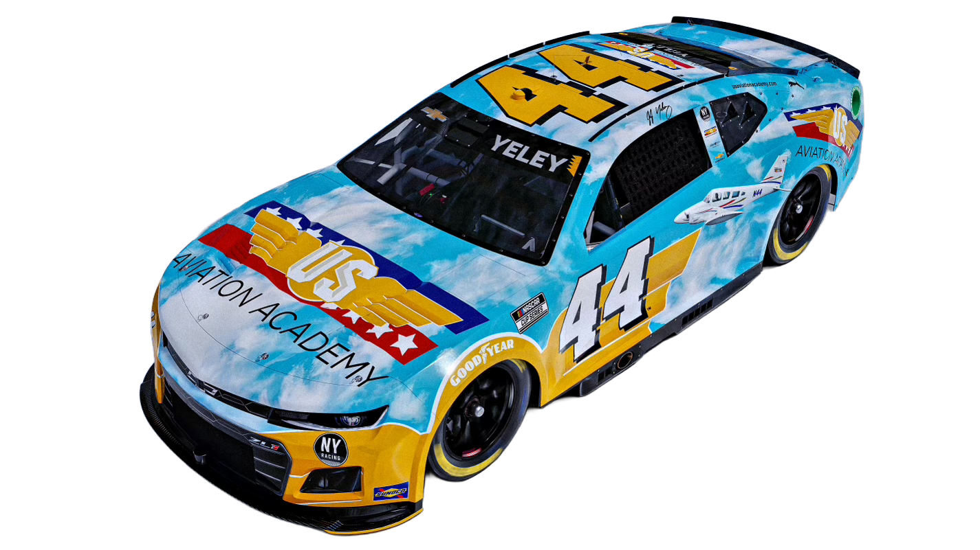 A race car with blue sky and cloud pattern paint and prominent logos including UPS, FAA, and NASCA, number 44, sponsored by United Airlines, with a small airplane graphic.