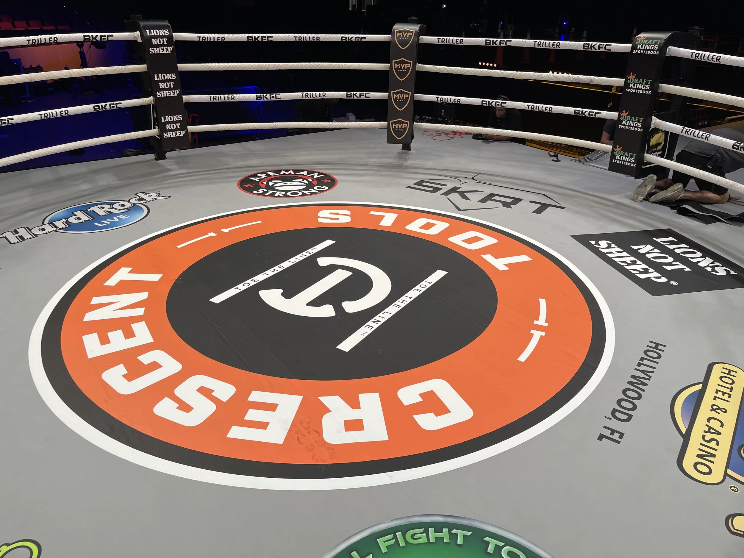 An empty boxing ring with white ropes and various sponsor logos on the mat, including a large circular logo with the word 'FIGHTS' and other promotional stickers and banners around it.