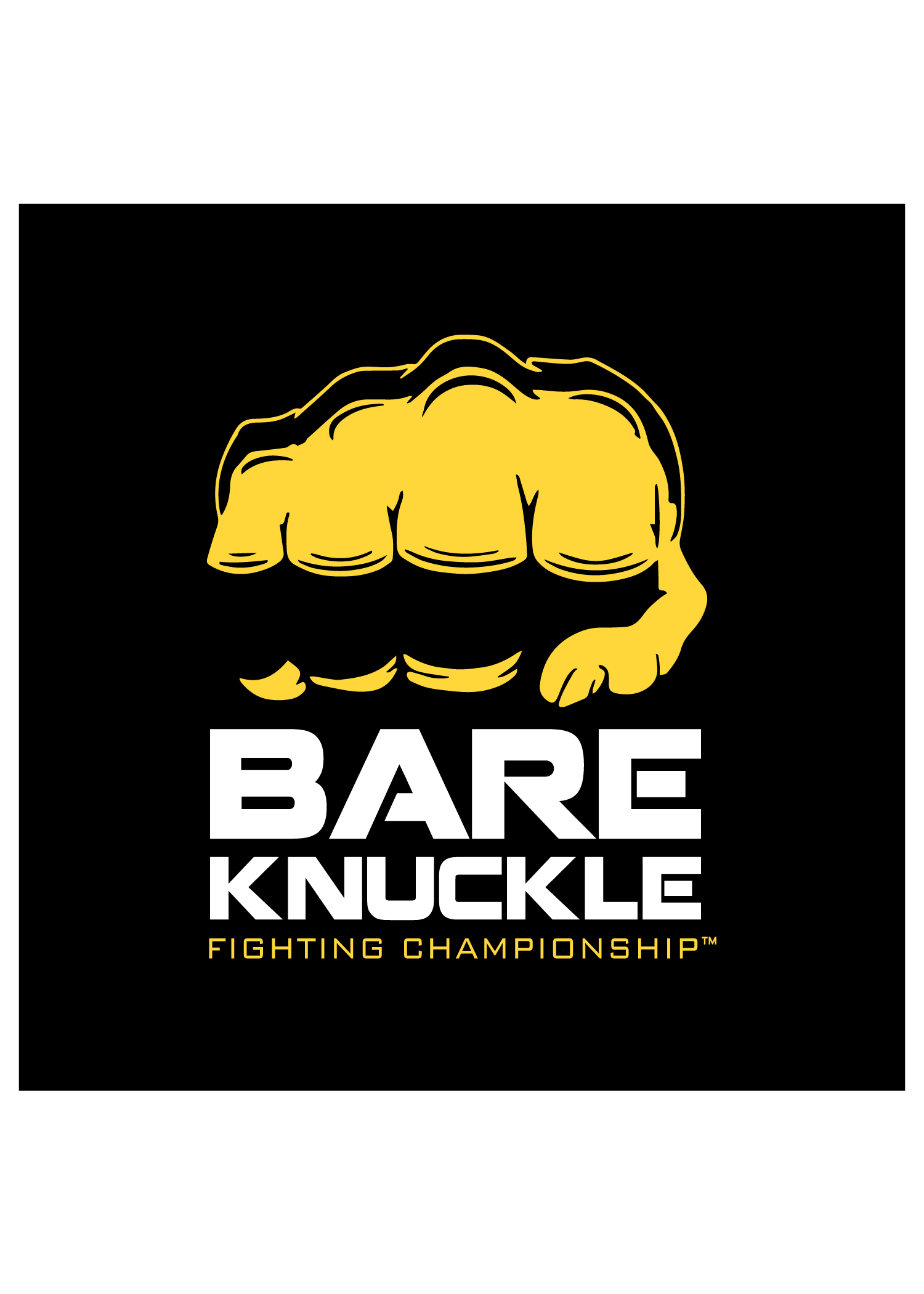 A black background featuring a yellow fist logo with the words 'BARE KNuckle' above 'FIGHTING CHAMPIONSHIP' in white and yellow text.