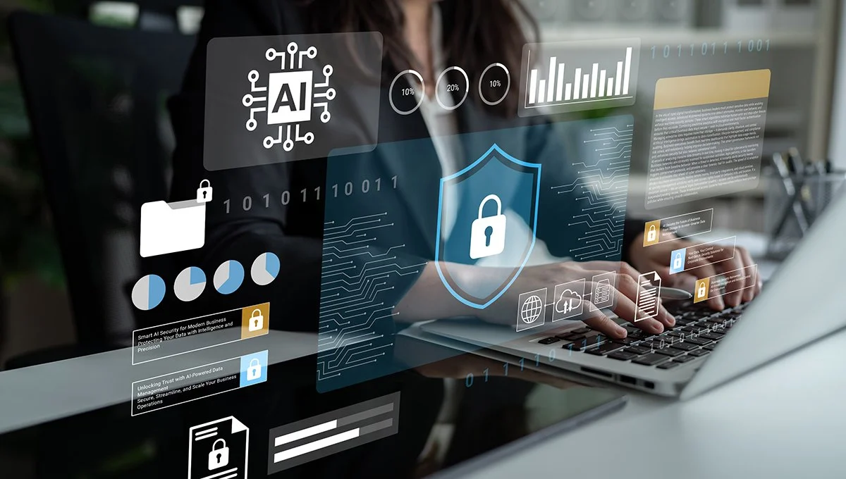 Person using a laptop with a digital overlay showing a security lock, AI icon, graphs, pie charts, and security-related icons.