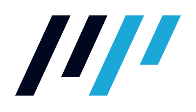 Stylized logo with black and blue diagonal stripes and a white background.