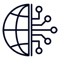 Icon of a globe combined with circuit lines representing technology and global connectivity.