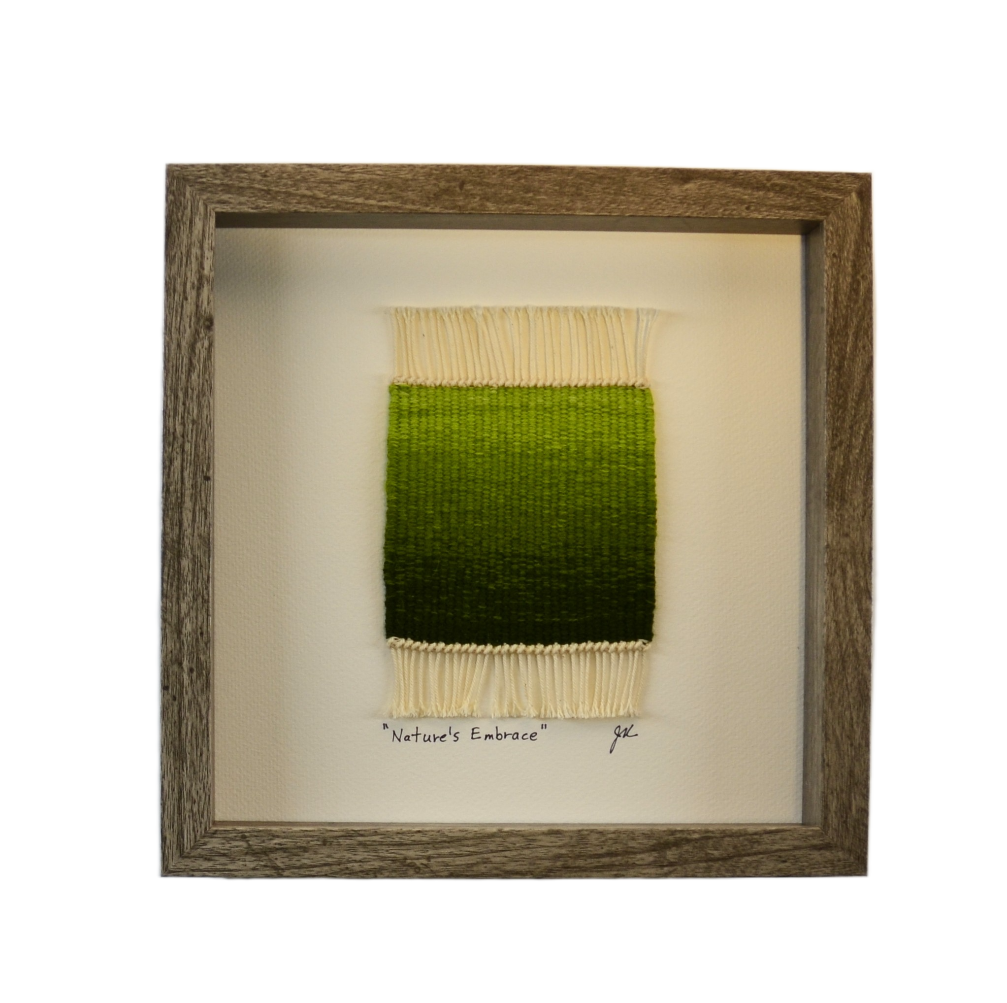 "Nature's Embrace", Handwoven (Wool), mounted  in a 10" x 10" x 1-3/4" gray wooden shadow box frame.  $150 CAD