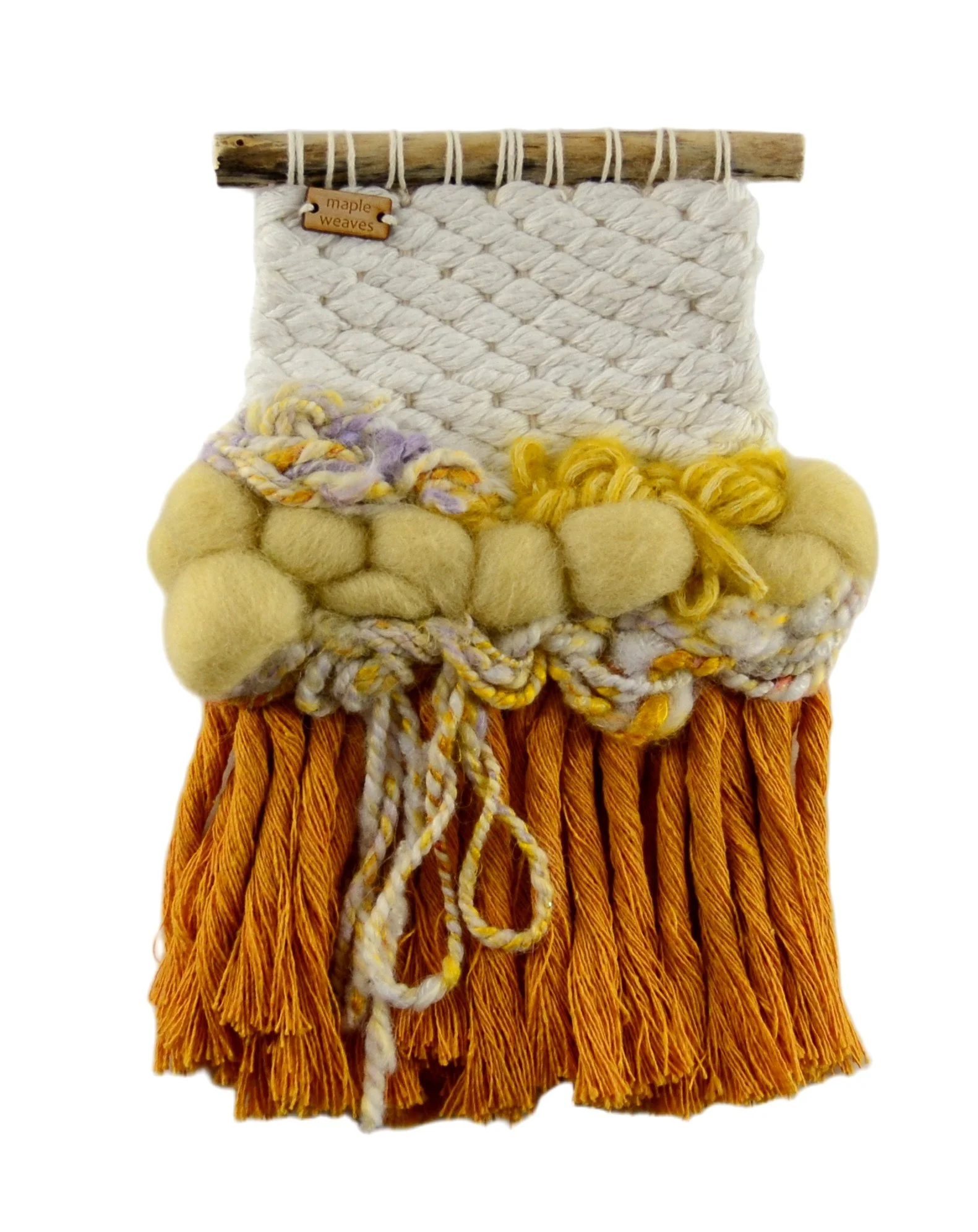 "Buttercup", Handwoven (Wool, handspun yarn, cotton). Hung from a foraged branch. 6" w x 8.5" h. $75