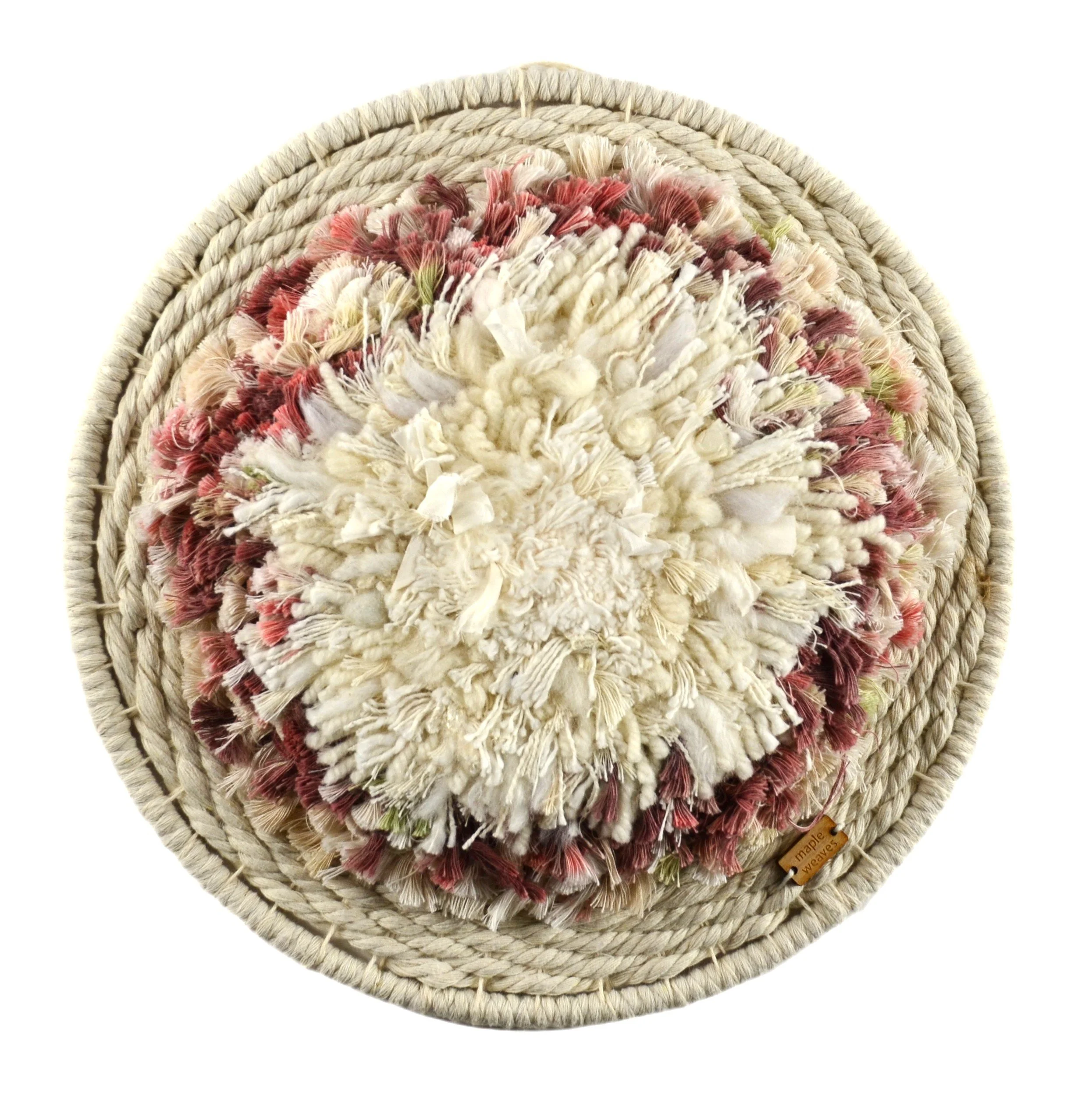"Dew Drop", Handwoven (Wool and cotton). Mounted in a cotton covered brass ring, 10" diameter.  $200