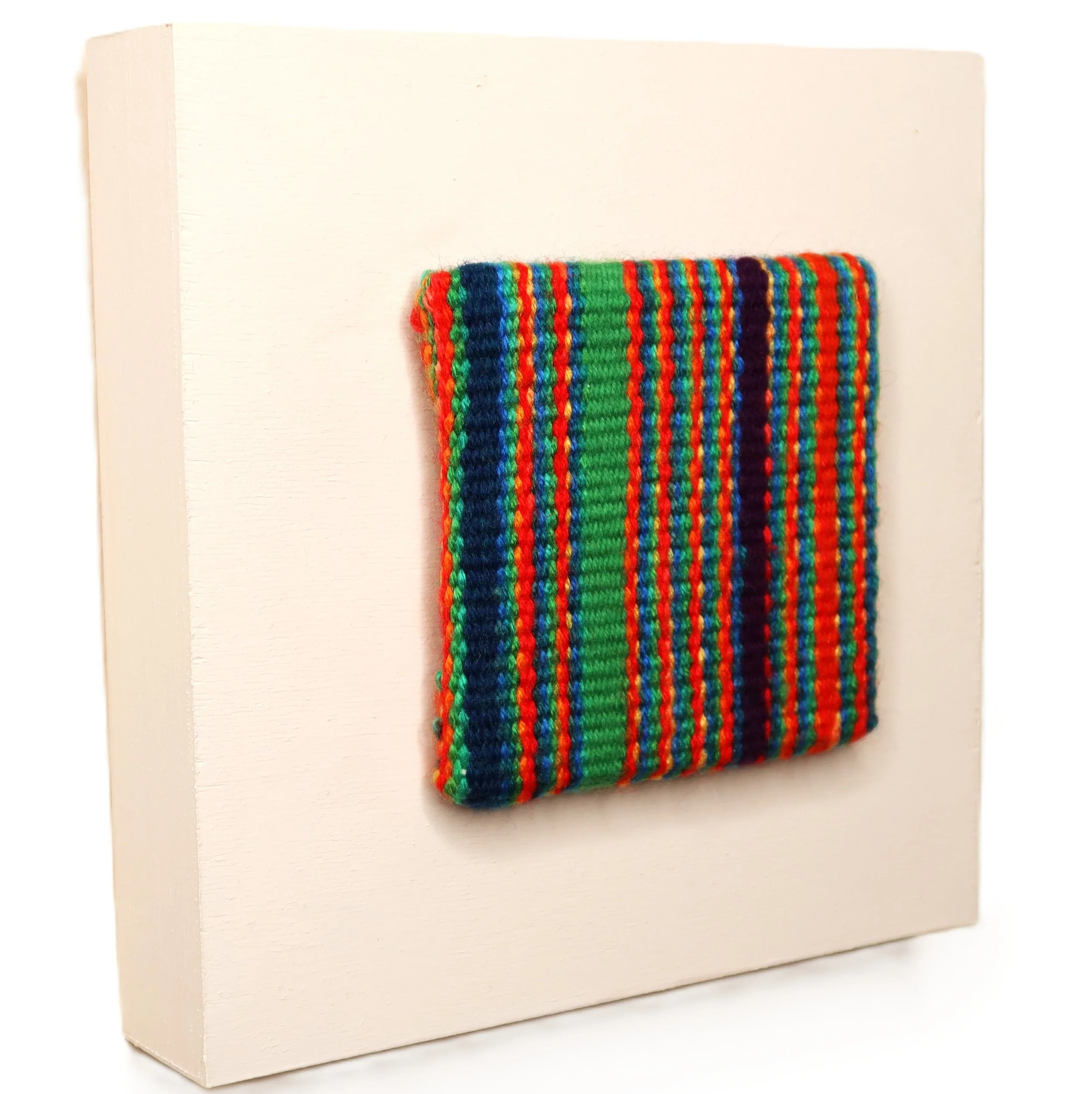 "Electric Avenue", Handwoven (Wool). Mounted on an  8" x 8" x1-5/8" painted wood cradle, $150