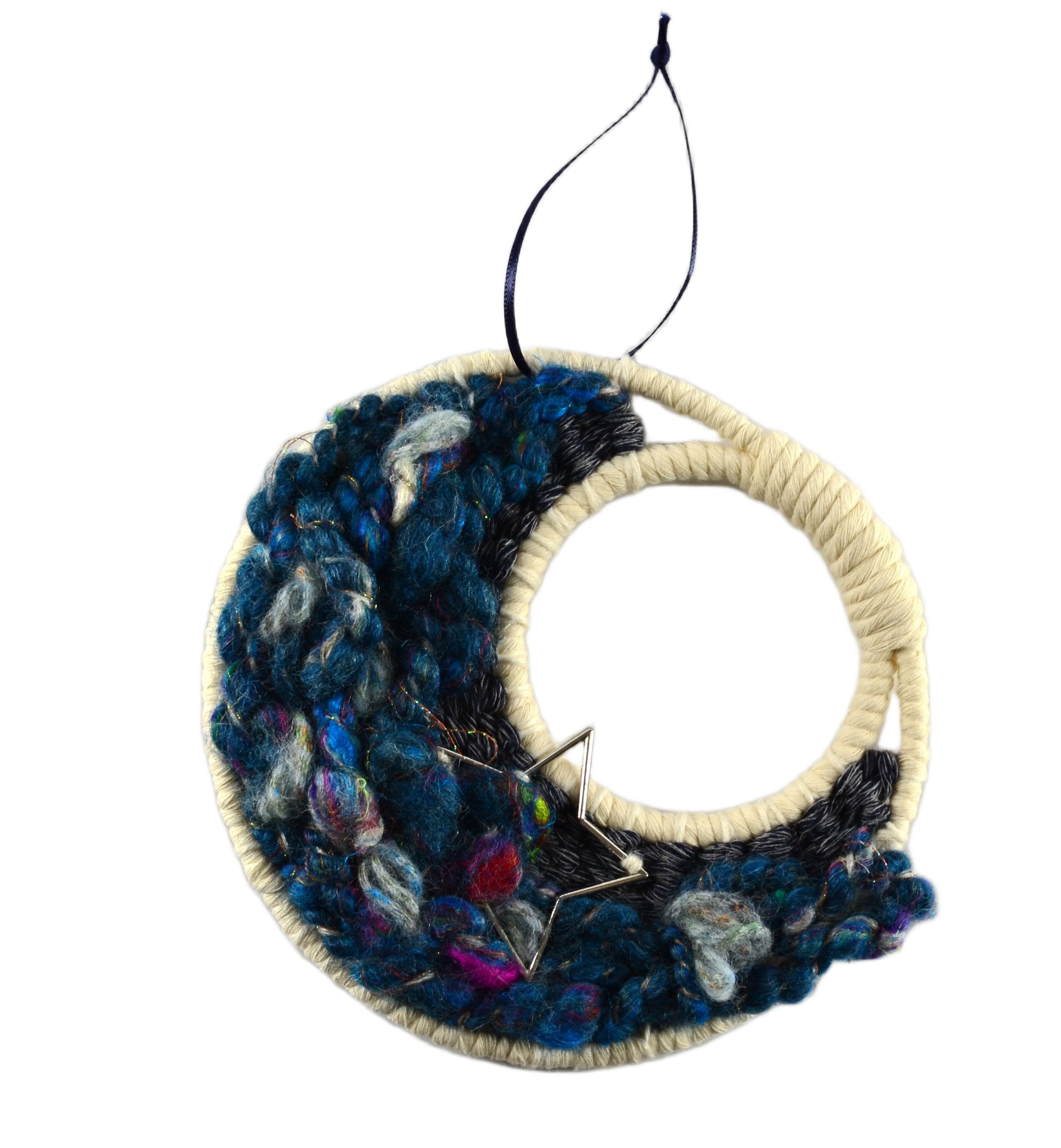 "Dreamcatcher", Handwoven (Wool, handspun yarn, cotton). Hung from a ribbon loop. 5.5" diameter. PN705  $65