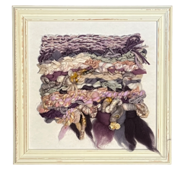 "Velvet Drift", Handwoven (Wool, handspun yarn, cotton, sari silk). Mounted in a 13" x 13" ivory wooden frame without glass.  $160