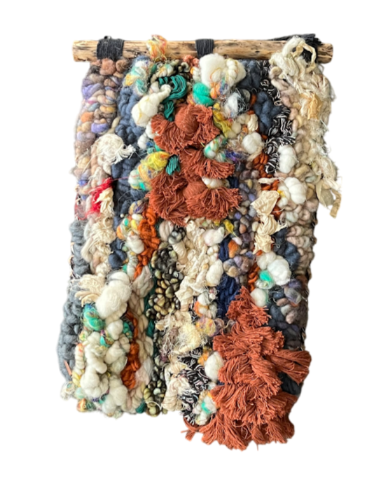 "Riverbed", Handwoven (Wool, sari silk, handspun yarn, cotton). Hung from a foraged branch, 10"w x 16" h. 
$550