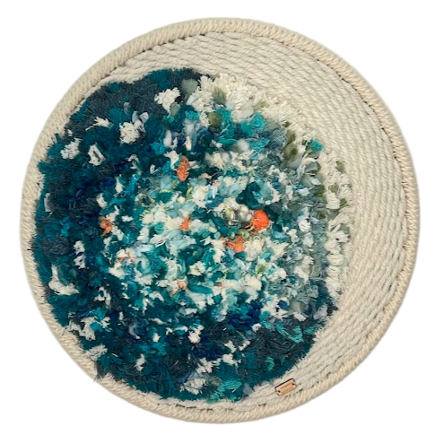 "A Place to Pause", Handwoven (Wool and cotton). Mounted in a cotton covered brass ring, 15" diameter.  $350