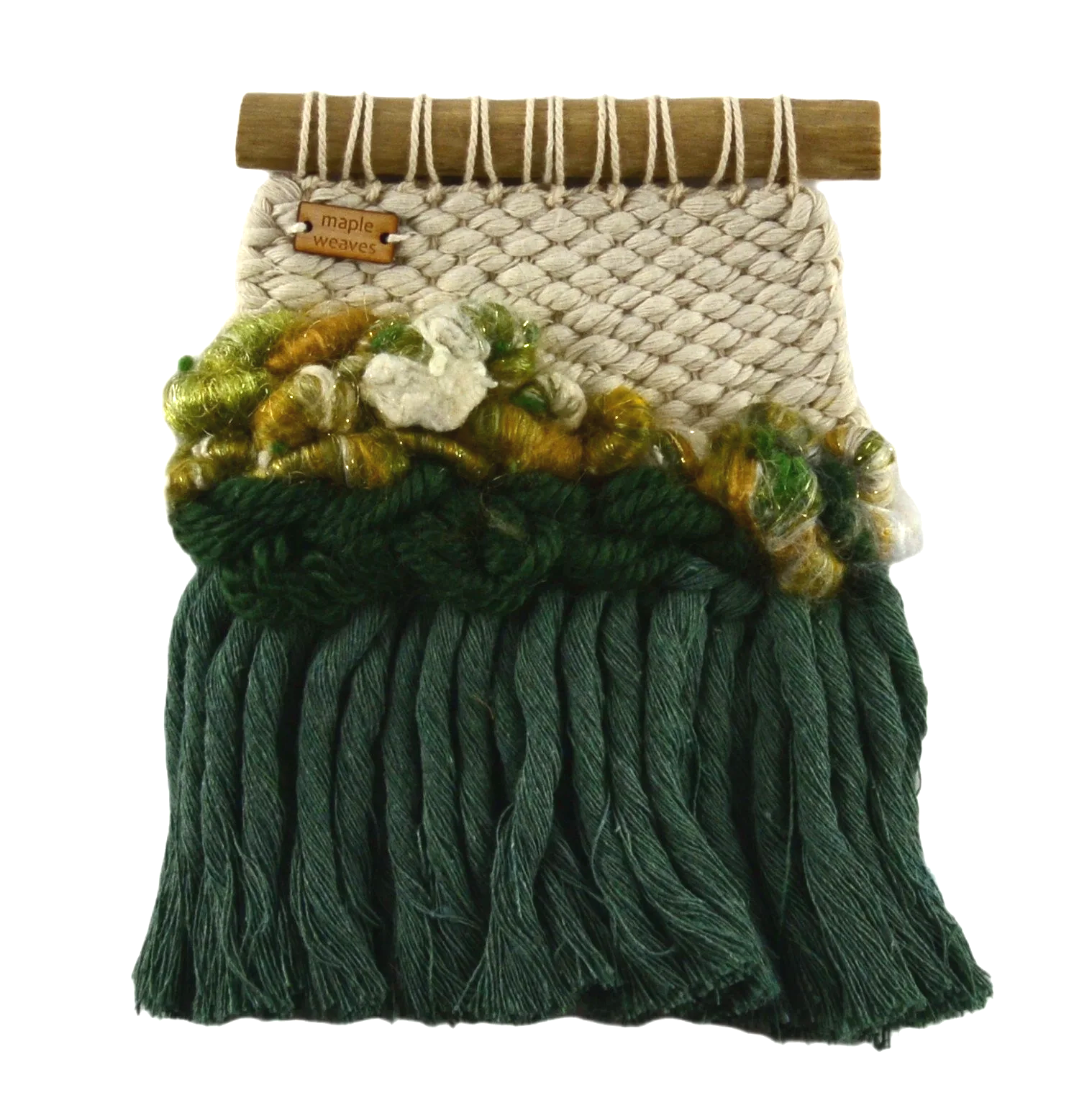 "Rainforest", Handwoven (Wool, handspun yarn, cotton). Hung from a foraged branch. 5.25" w  x 6.75" h. $75