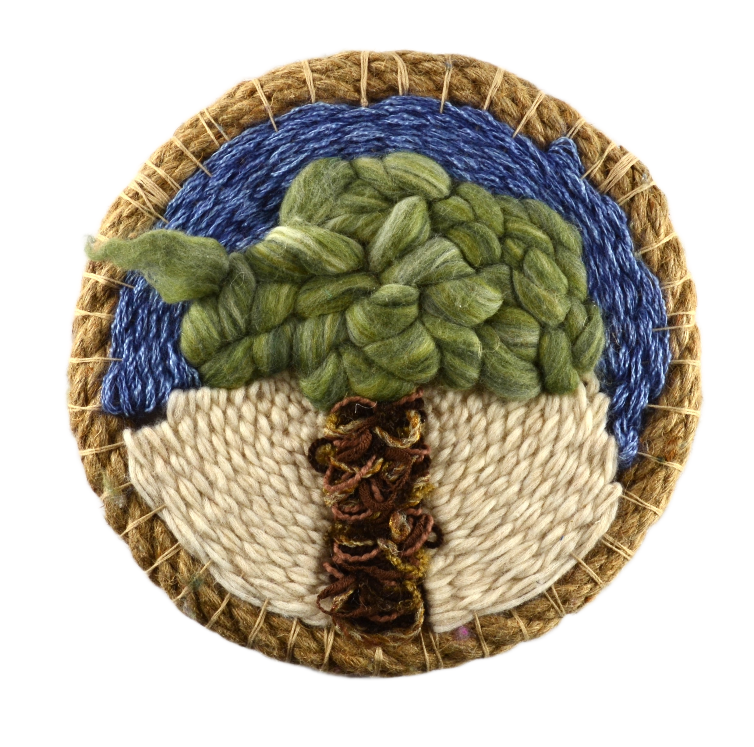"Nature Study - 1", Handwoven (Wool). Mounted in a jute ring, 11" diameter.  $200