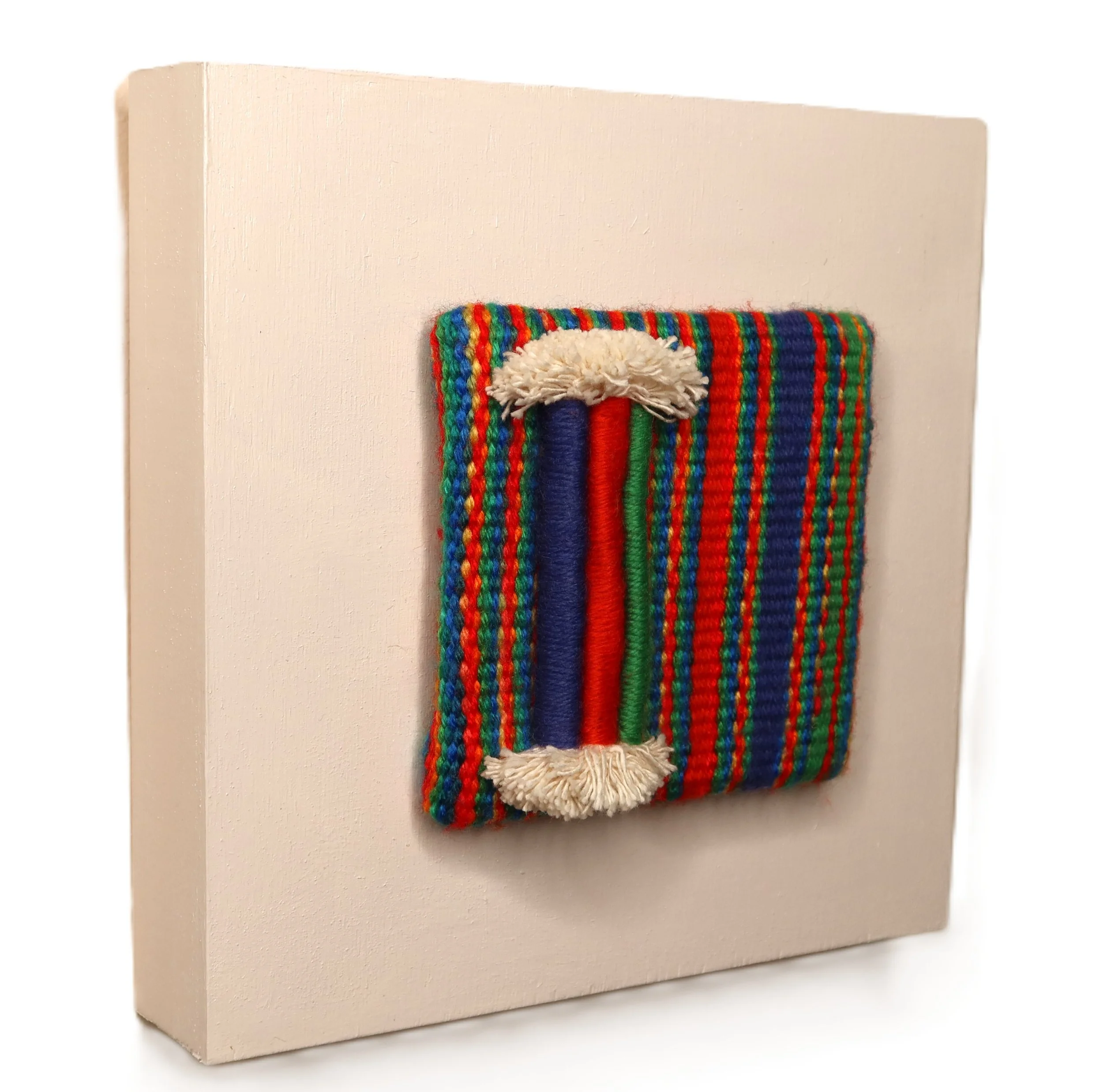 "Better Together", Handwoven (Wool).  Mounted on an  8" x 8" x1-5/8" painted wood cradle, $150