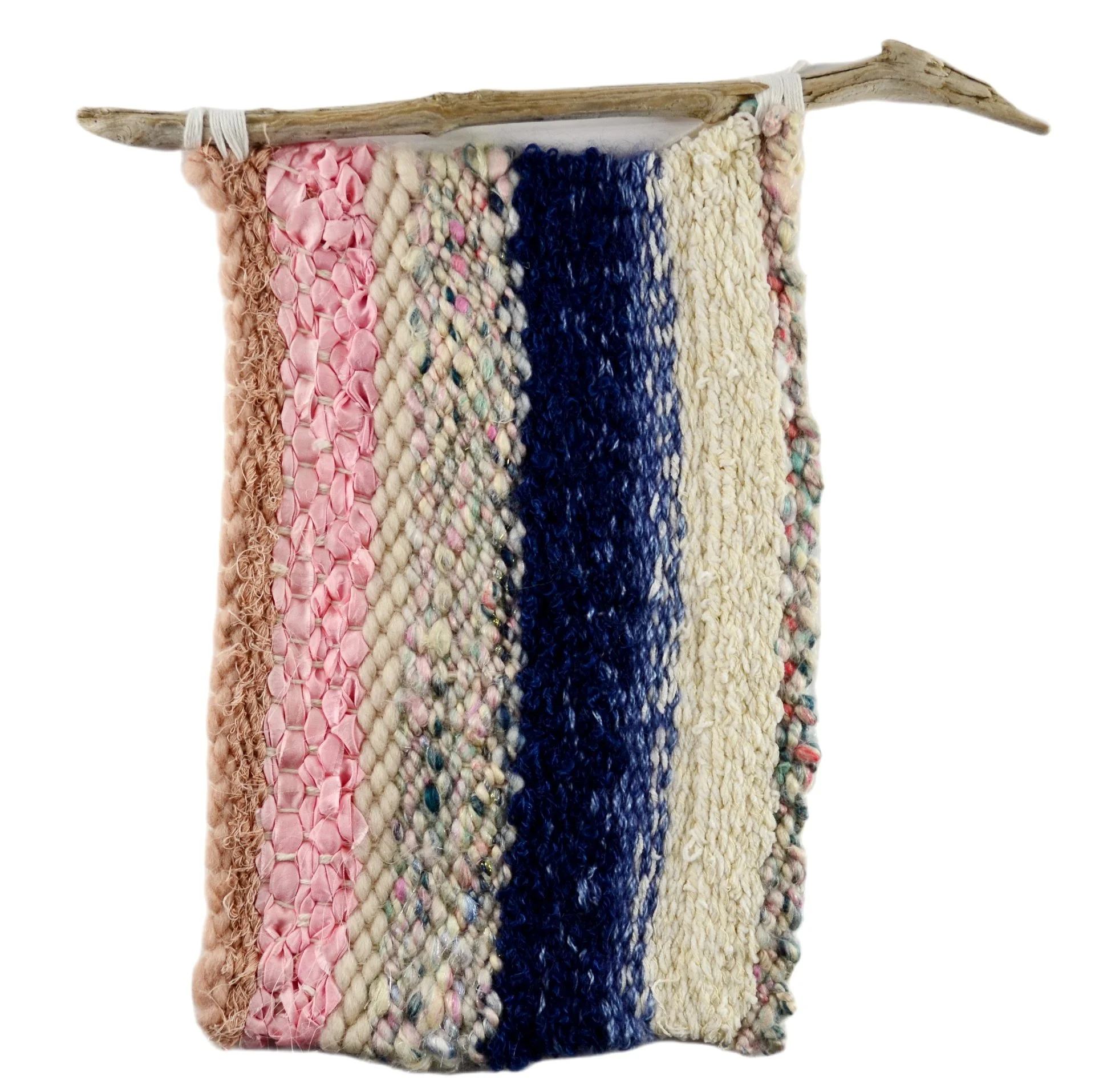 "Stork", Handwoven (Wool, handspun yarn, cotton, sari silk). Hung from foraged driftwood.  8"w x 12" h.  $160