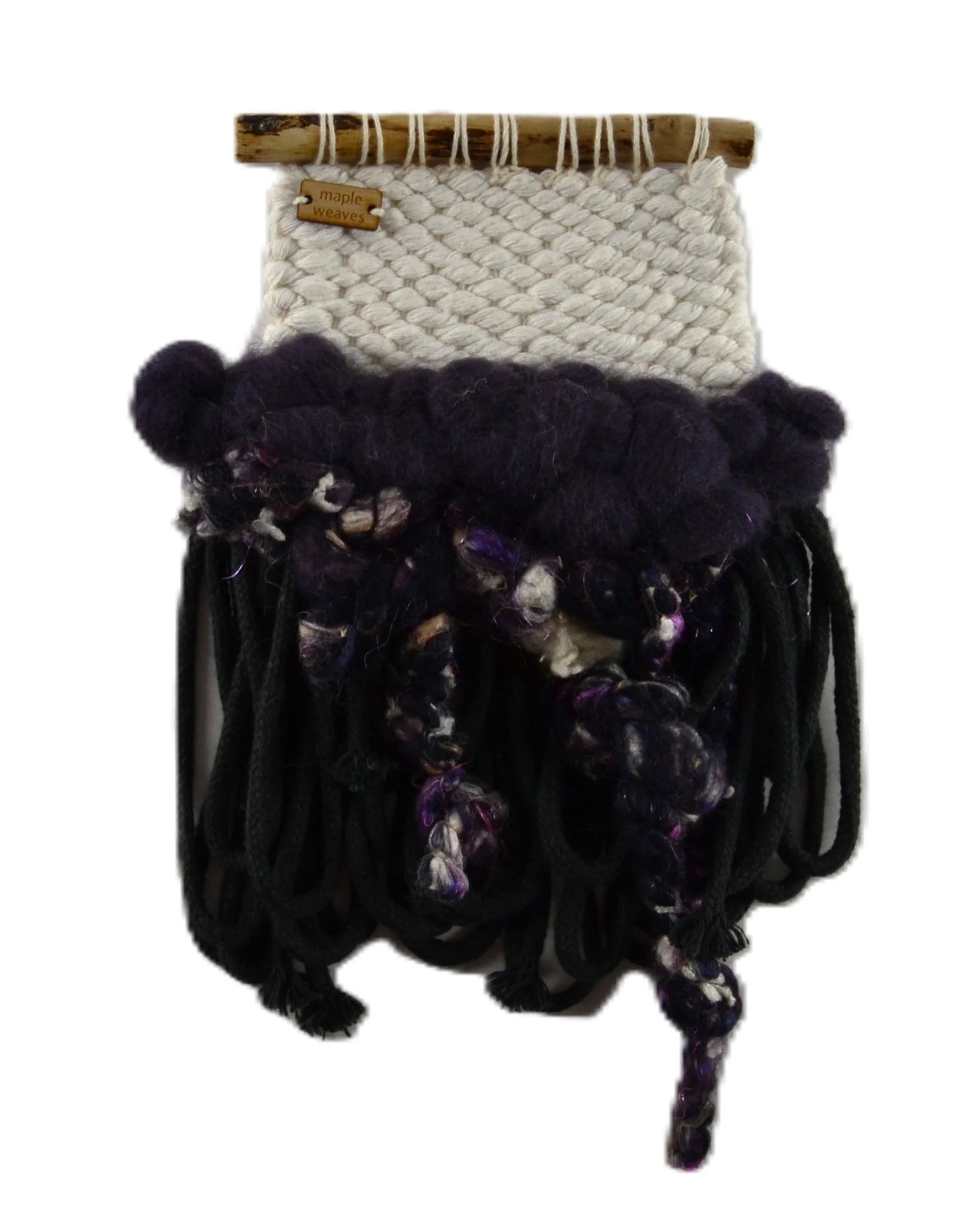 "Blackberry Jam", Handwoven (Wool, handspun yarn, cotton). Hung from a foraged branch. 6" w x 9" h. $75