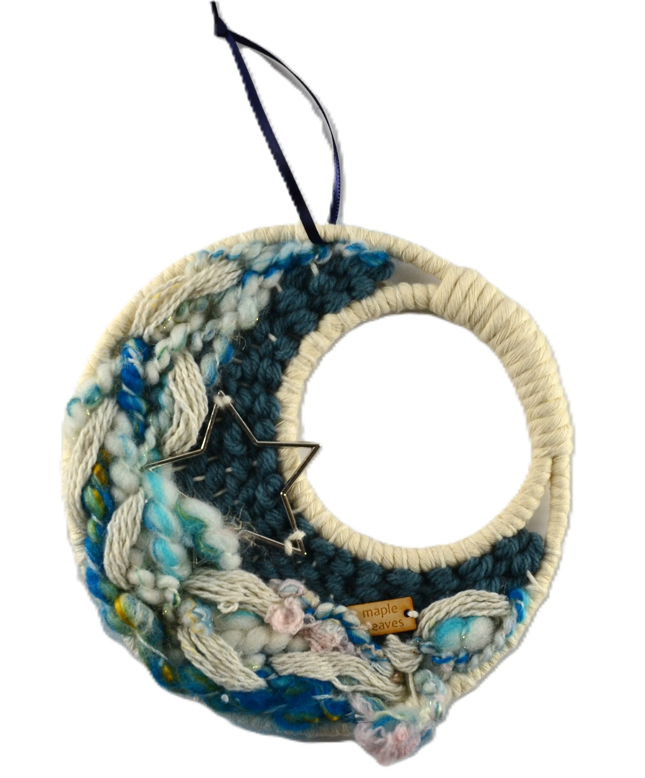 "Dreamcatcher", Handwoven (Wool, handspun yarn, cotton). Hung from a ribbon loop. 5.5" diameter. PN706  $65