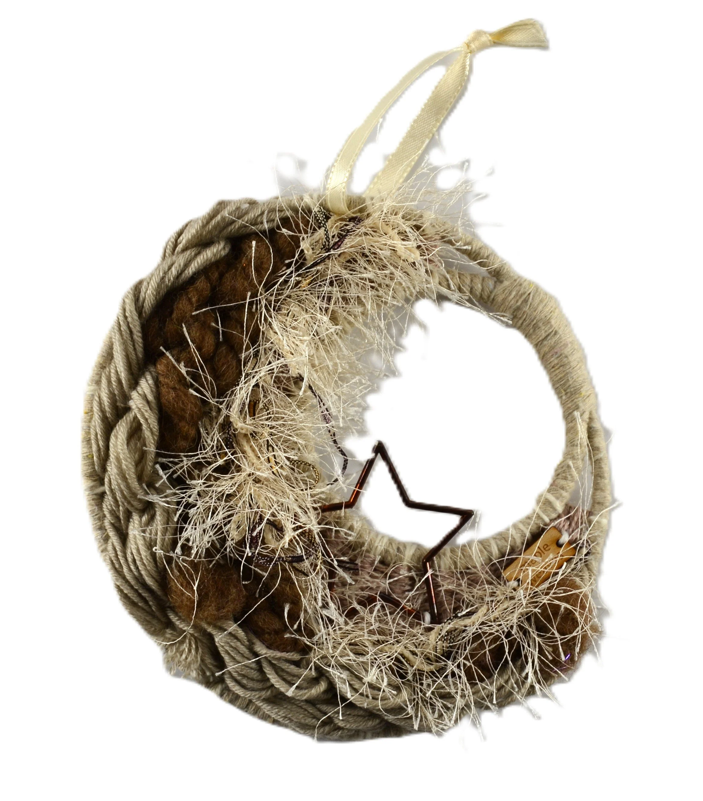 "Dreamcatcher", Handwoven (Wool, handspun yarn, cotton). Hung from a ribbon loop. 5.5" diameter. PN801  $65