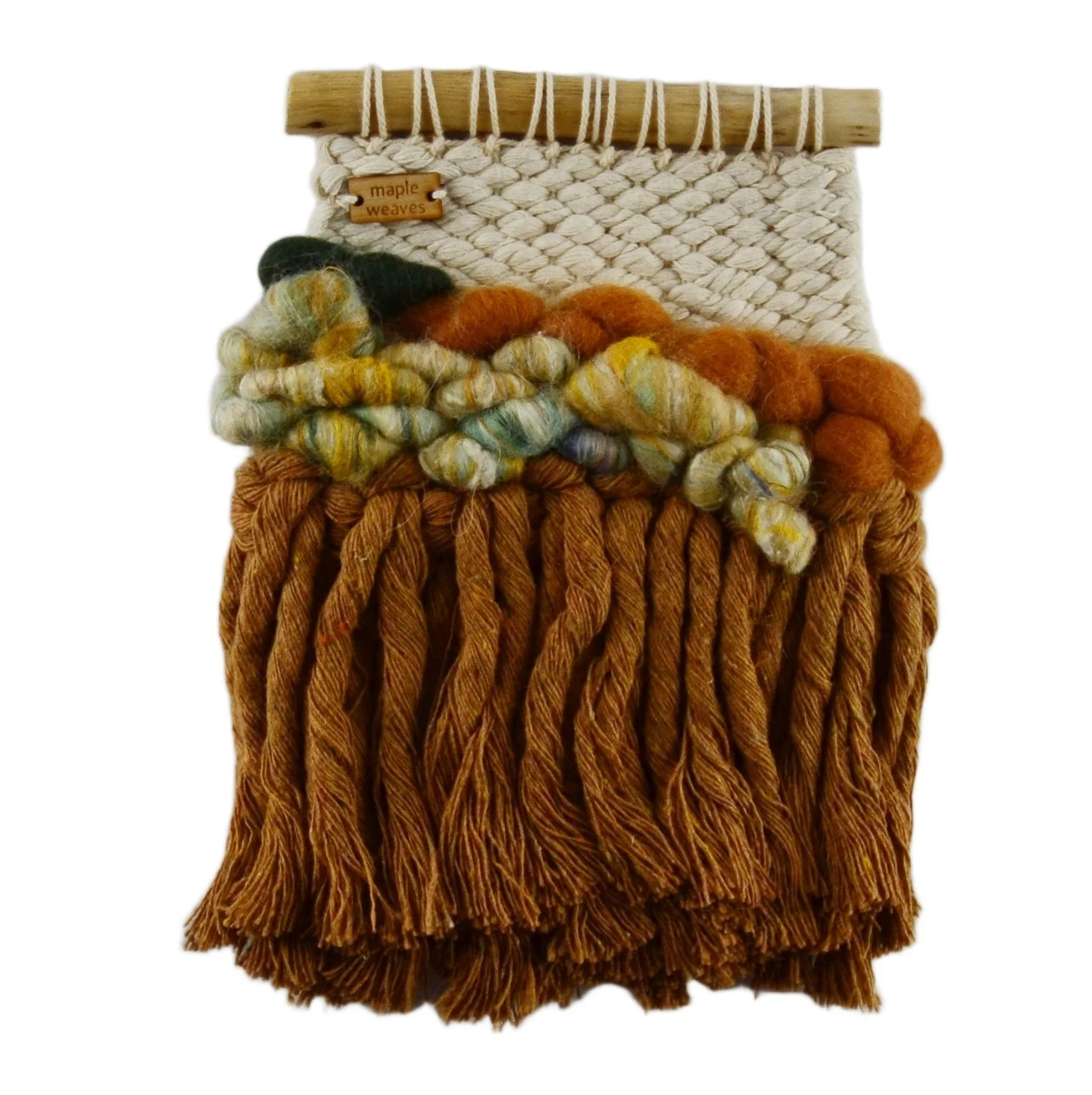 "Prairie Wheat", Handwoven (Wool, handspun yarn, cotton). Hung from a foraged branch. 5.25" w x 6.75"h. $75