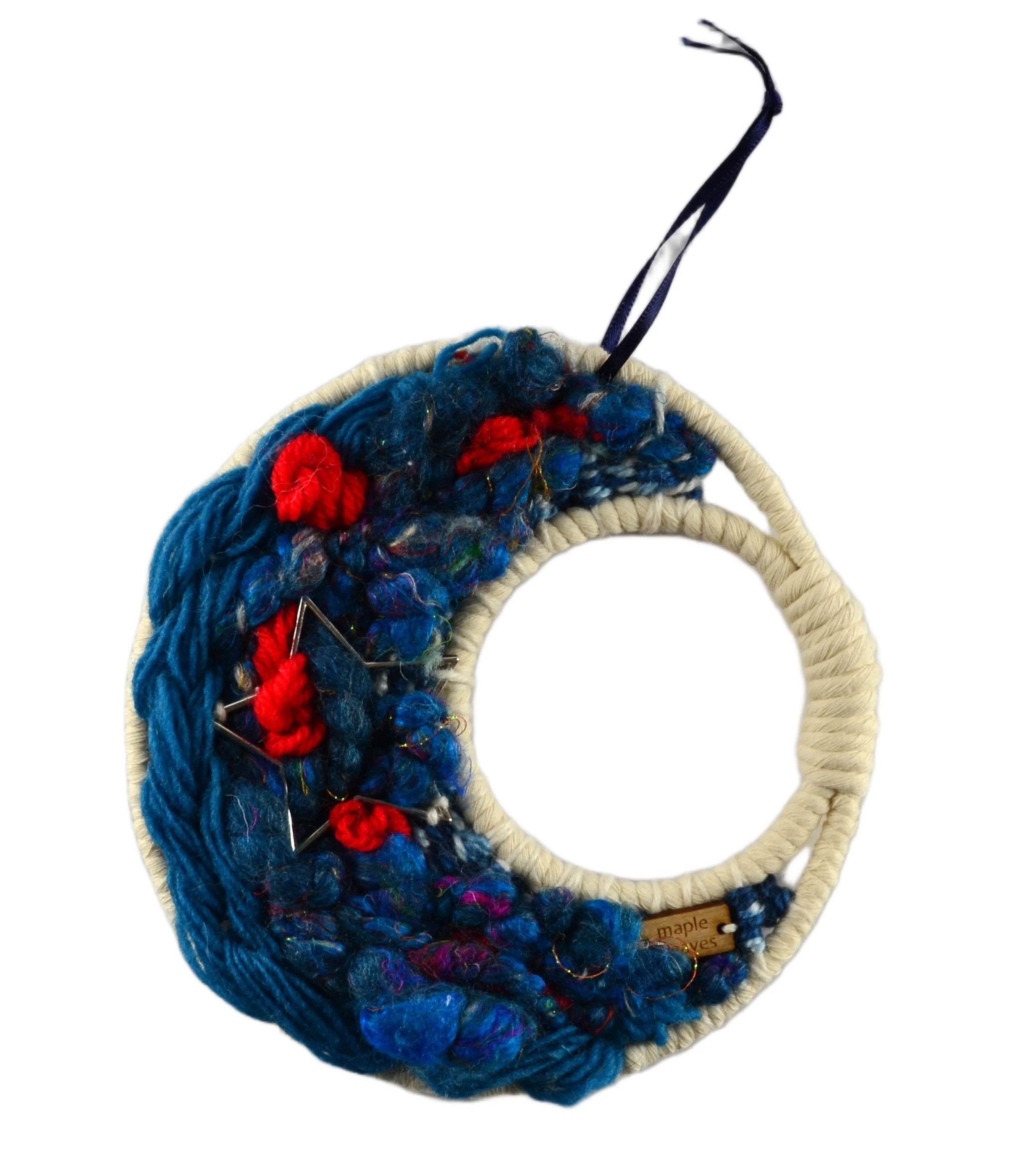"Dreamcatcher", Handwoven (Wool, handspun yarn, cotton). Hung from a ribbon loop. 5.5" diameter. PN704  $65