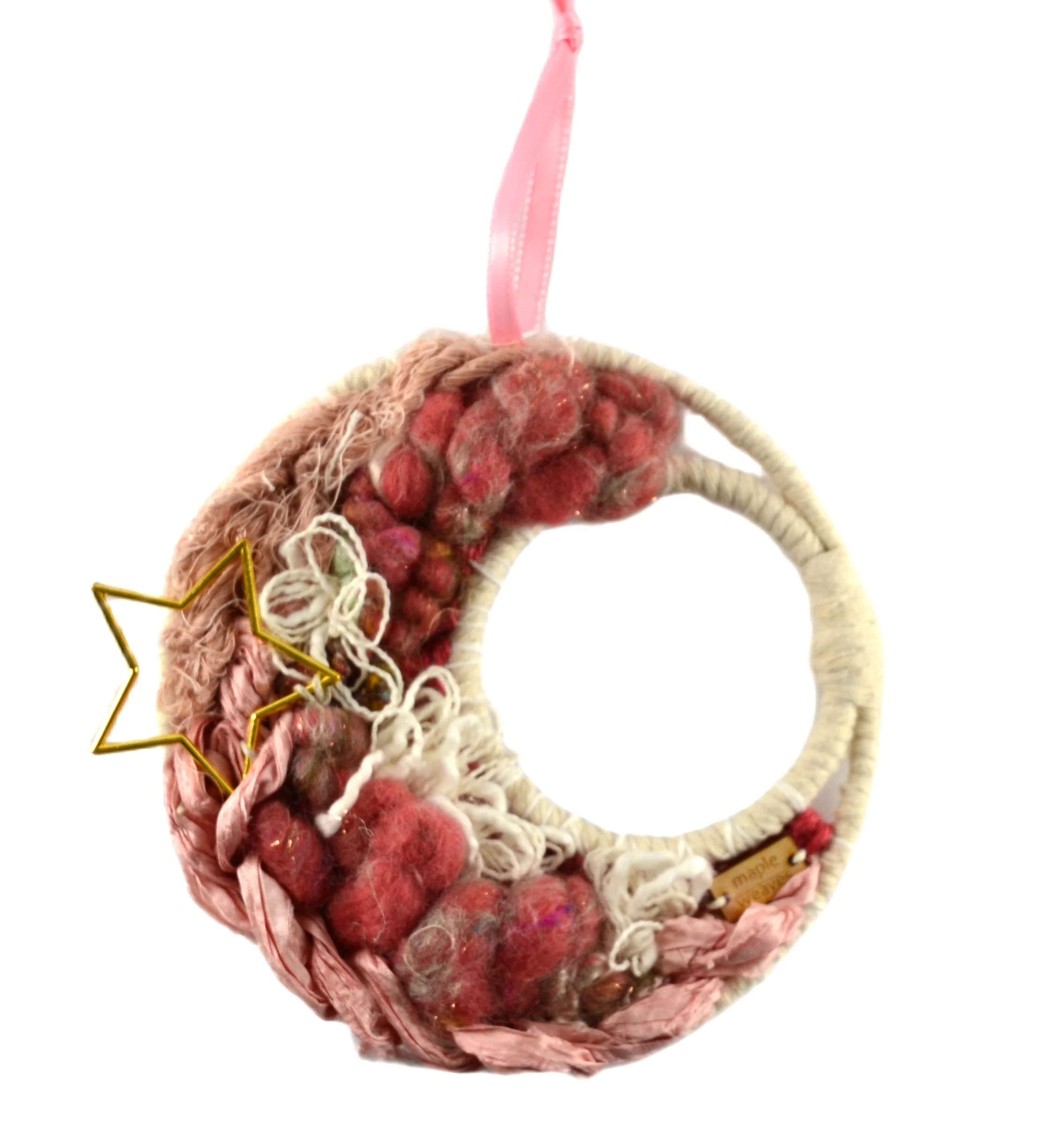 "Dreamcatcher", Handwoven (Wool, handspun yarn, cotton). Hung from a ribbon loop. 5.5" diameter. PN491  $65