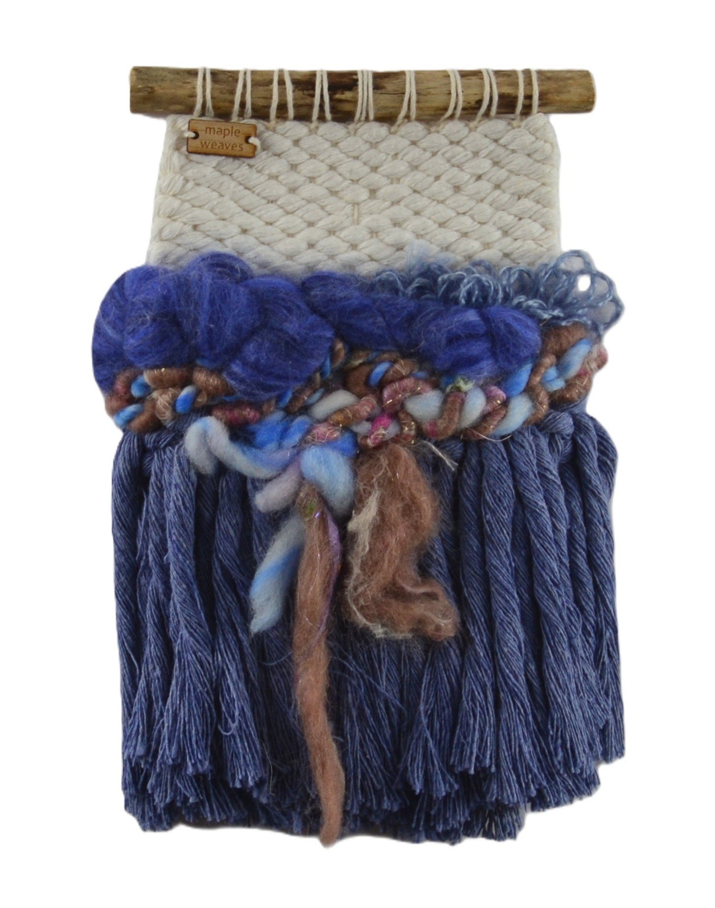 "Blueberry Muffin", Handwoven (Wool, handspun yarn, cotton). Hung from a foraged branch. 5.5" w x 8" h. $75