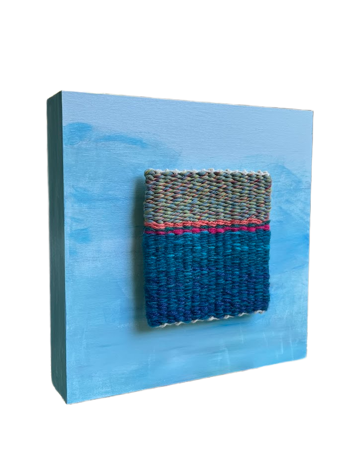 "Seaside Blues", Handwoven (Wool). Mounted on an  8" x 8" x1-5/8" painted wood cradle, $150