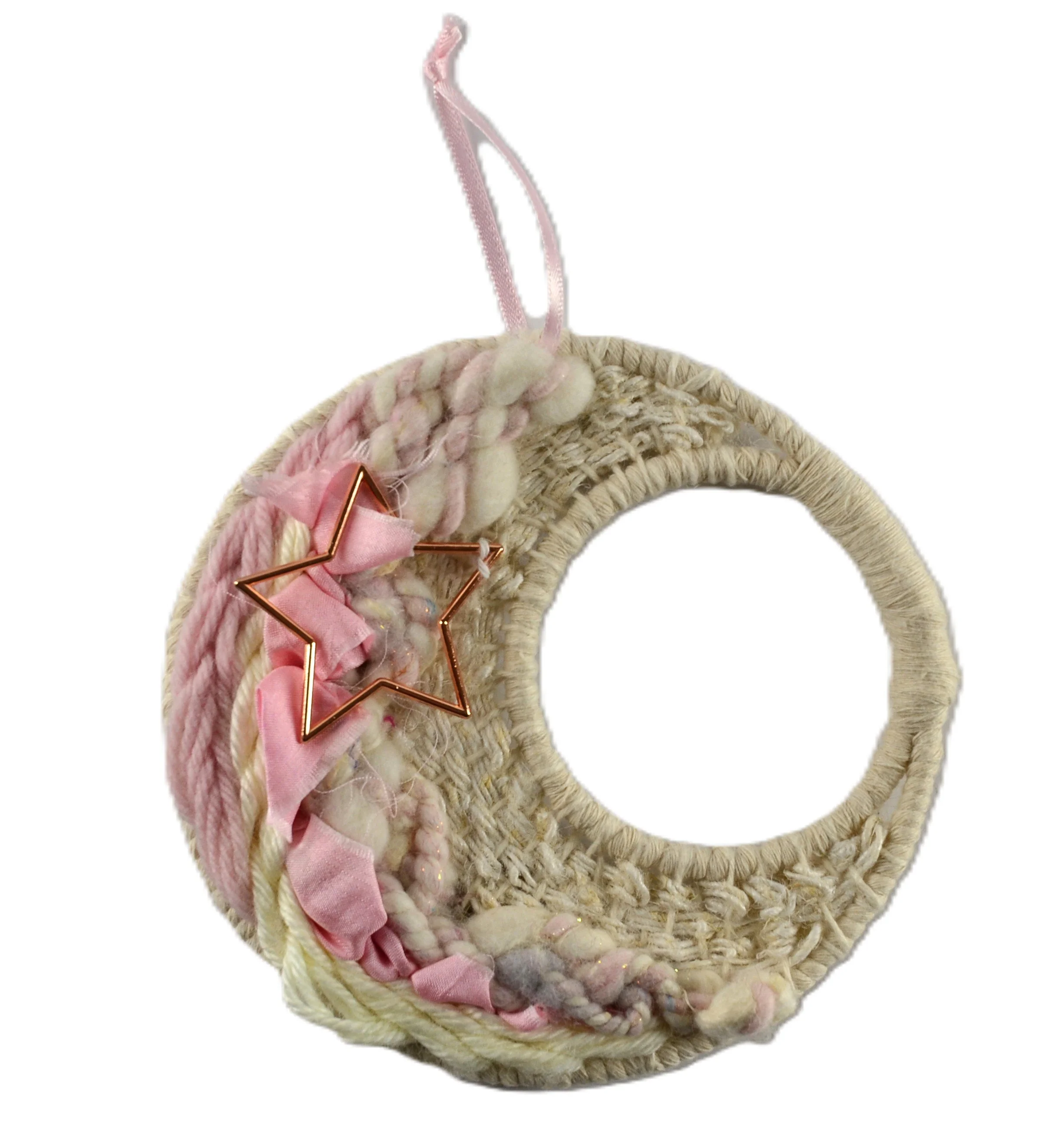 "Dreamcatcher", Handwoven (Wool, handspun yarn, cotton). Hung from a ribbon loop. 5.5" diameter. PN579  $65