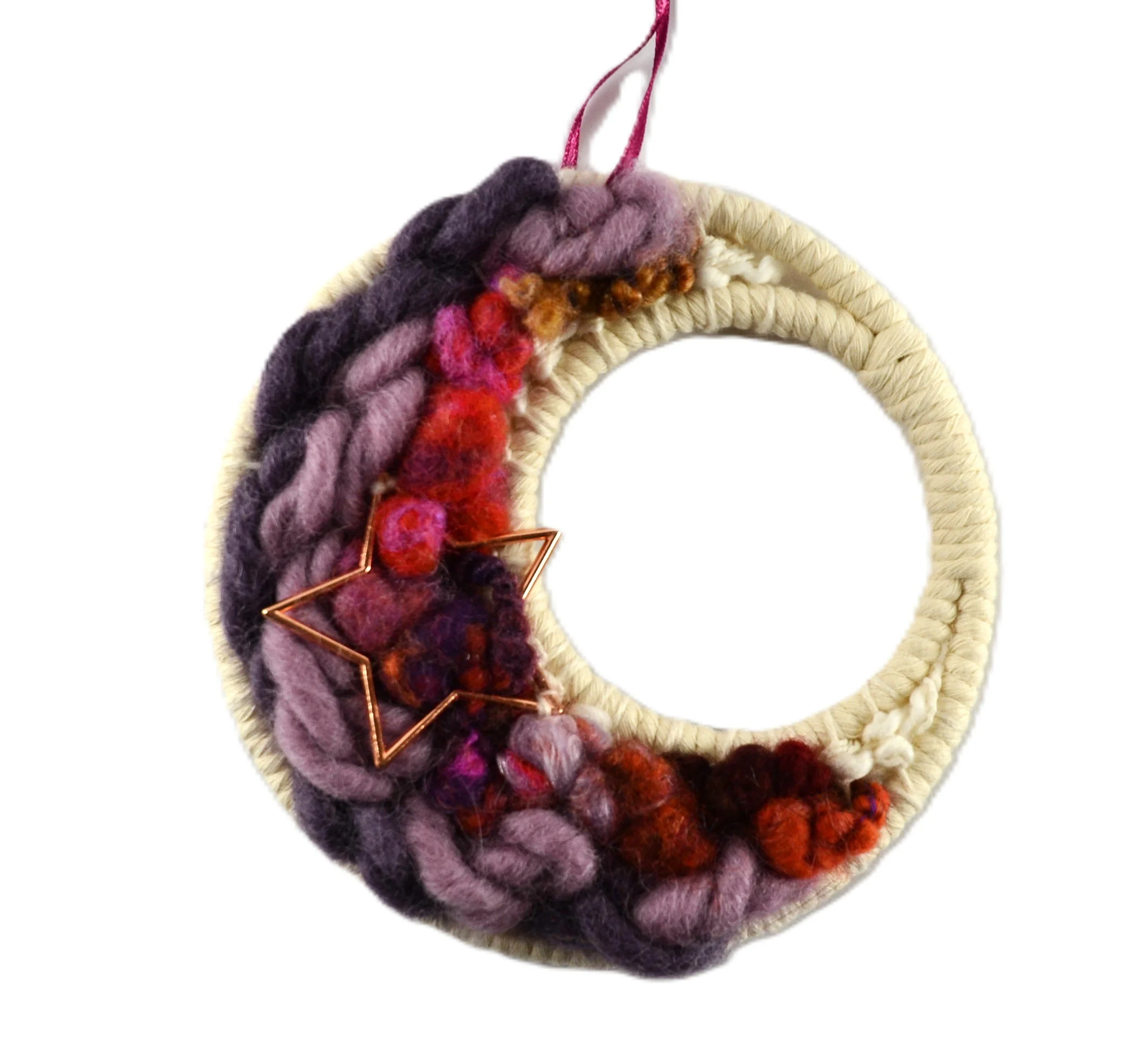 "Dreamcatcher", Handwoven (Wool, handspun yarn, cotton). Hung from a ribbon loop. 5.5" diameter. PN712  $65